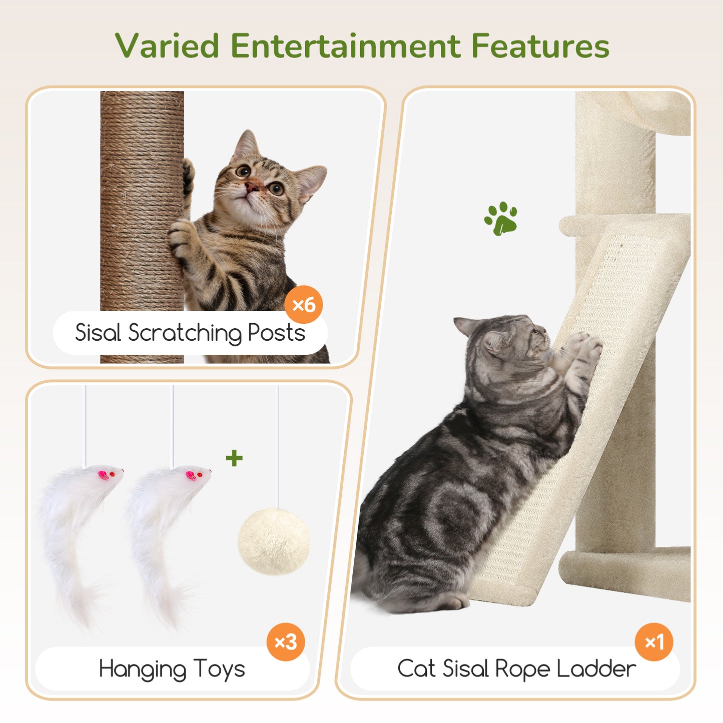 Globlazer Extra Large Cat Tree, 78 inch Sturdy Tall Cat Tree Tower for Indoor Multiple Large Adult Cats Kittens with 6 Scratching Posts, Enlarged Top Perch, 2 Padded Condos, S78G, Beige