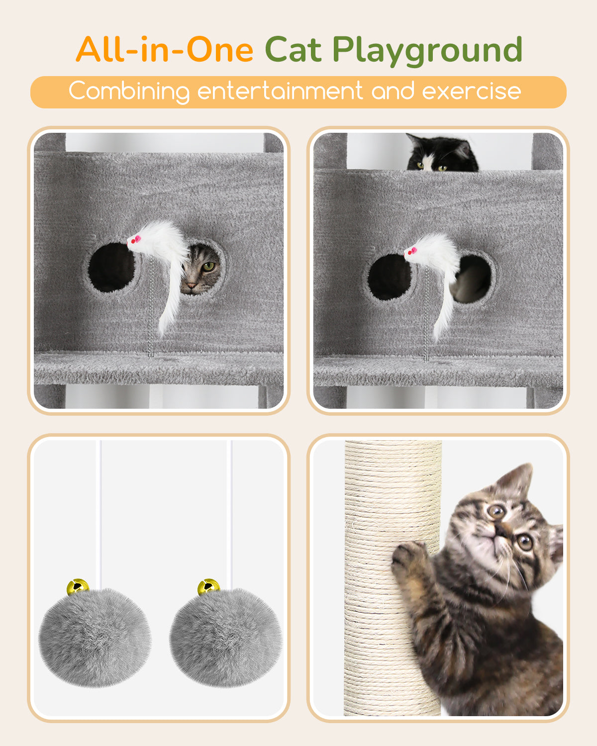 Globlazer Heavy Duty Cat Tree Tower 80in Tall Extra Large Cat Tree Tower for Multiple Indoor Cats Large Adult with  Scratching Posts, 2 Spacious Condos, Padded Perches, Soft Hammock, S80B, Light Grey