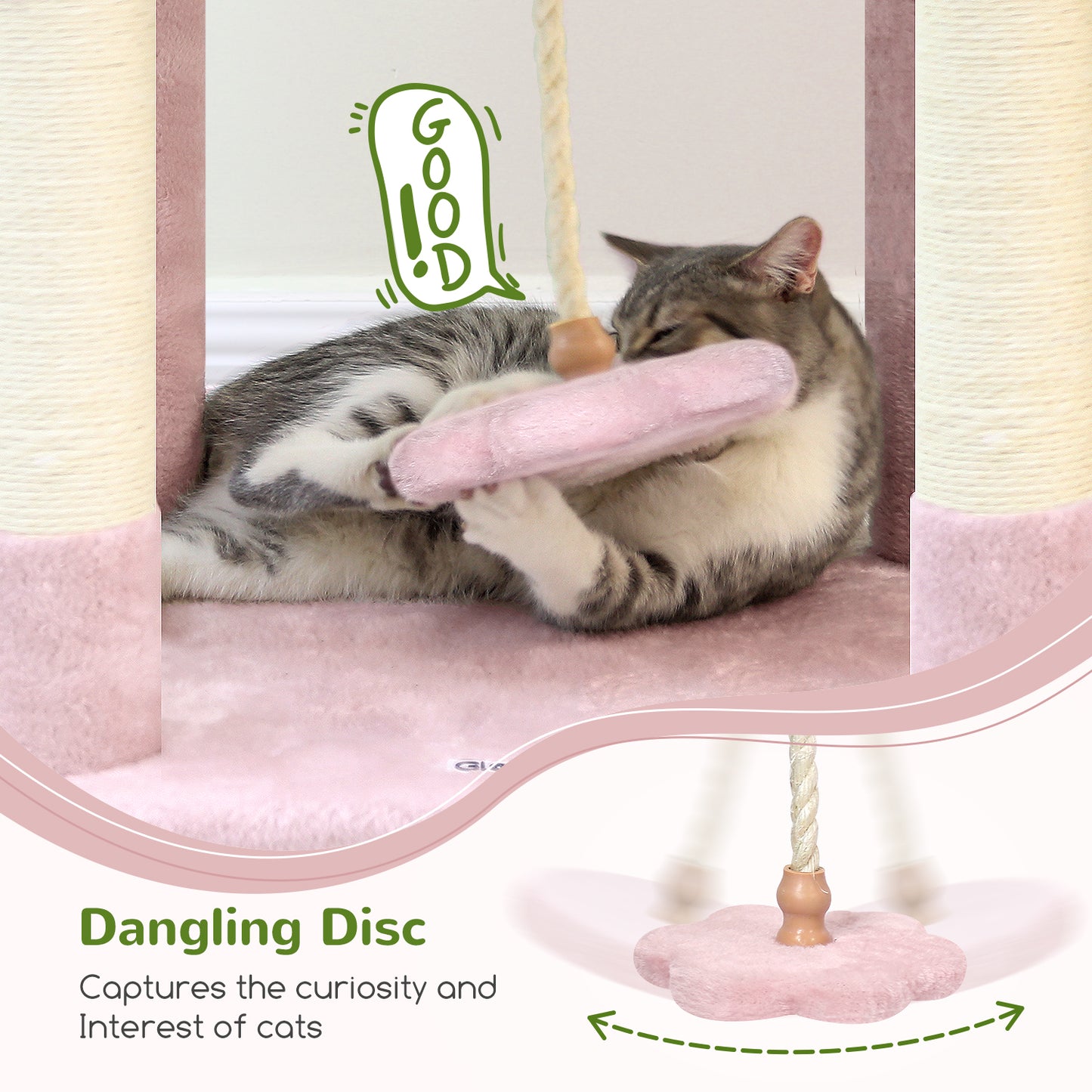 Globlazer Pink Cat Tree, 70 inch Tall Scratching Tower Multi-Level Cat Condo for Indoor Multiple Cats with 2 Large Cat Caves, Top Perch, Large Platform, Bottom Swing, F70B, Pink