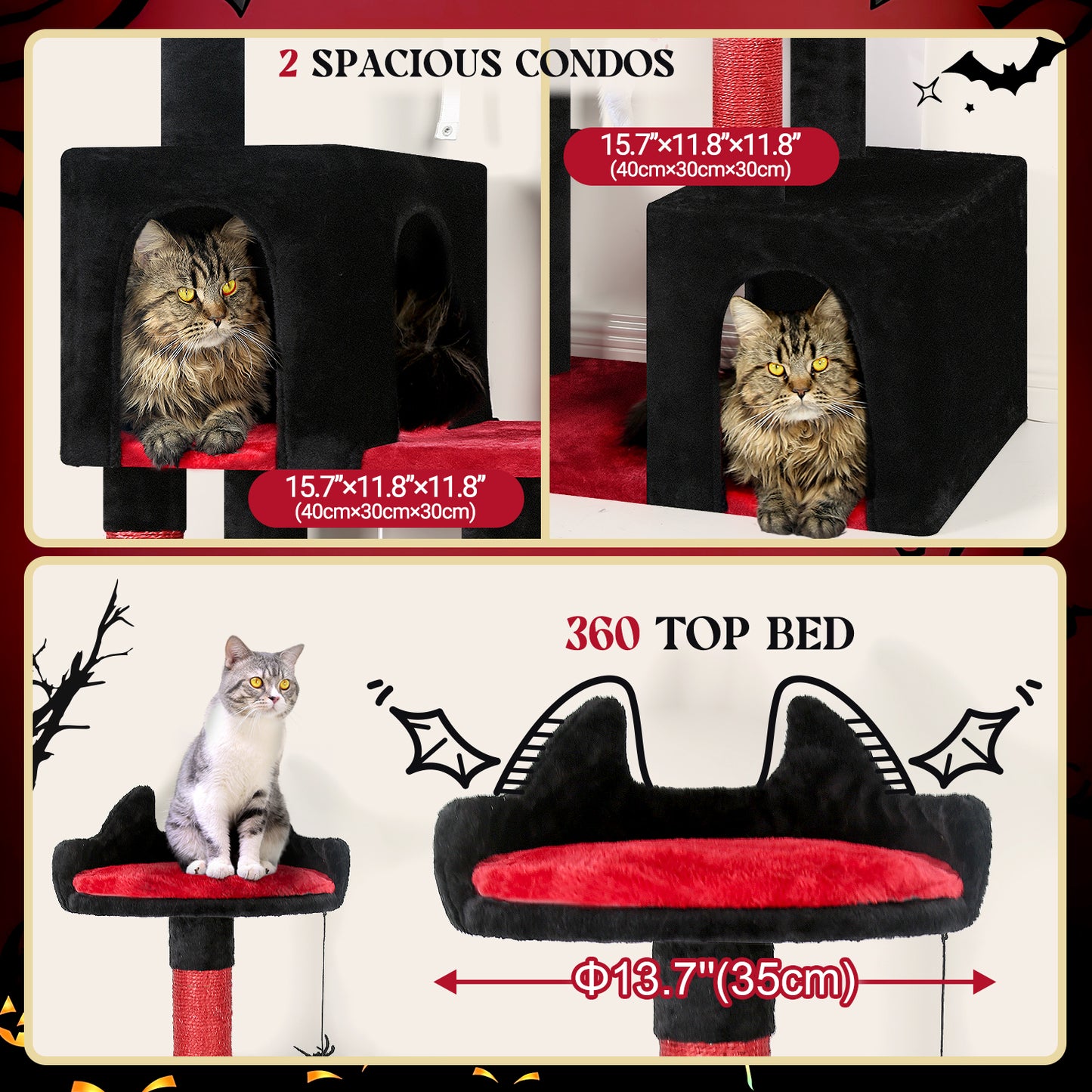Globlazer Gothic Cat Tree, 62in Goth Cat Tower Kitty Cat Climbing Tower with Large Platform for Indoor Cats, Scratching Posts, Cozy Caves, F62, Black