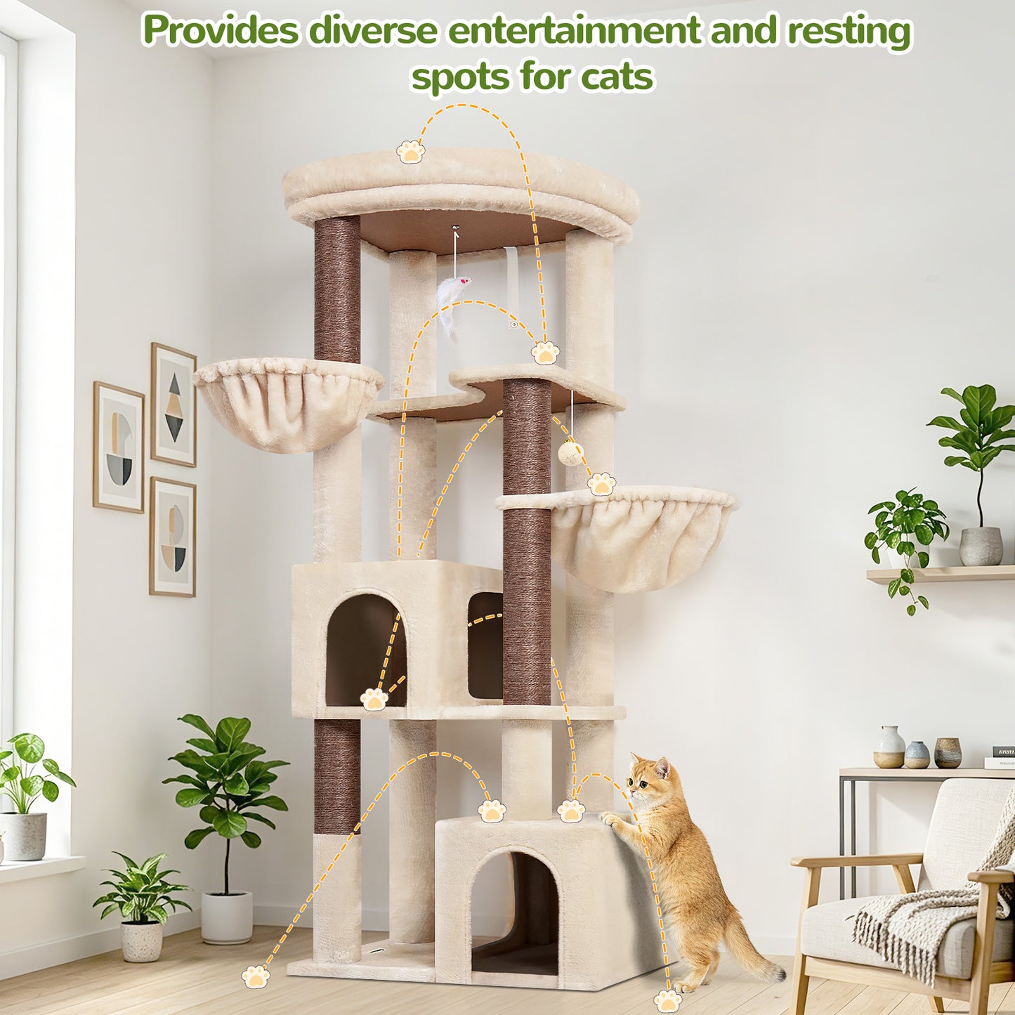 Globlazer Corner Cat Tree for Large Indoor Cats, 64in Space Saving Cat Tower with Enlarged Top Perch, 4 Scratching Posts, Multi-Level Cat Tree Tower with 2 Condos, 2 Hammocks, C64, Beige