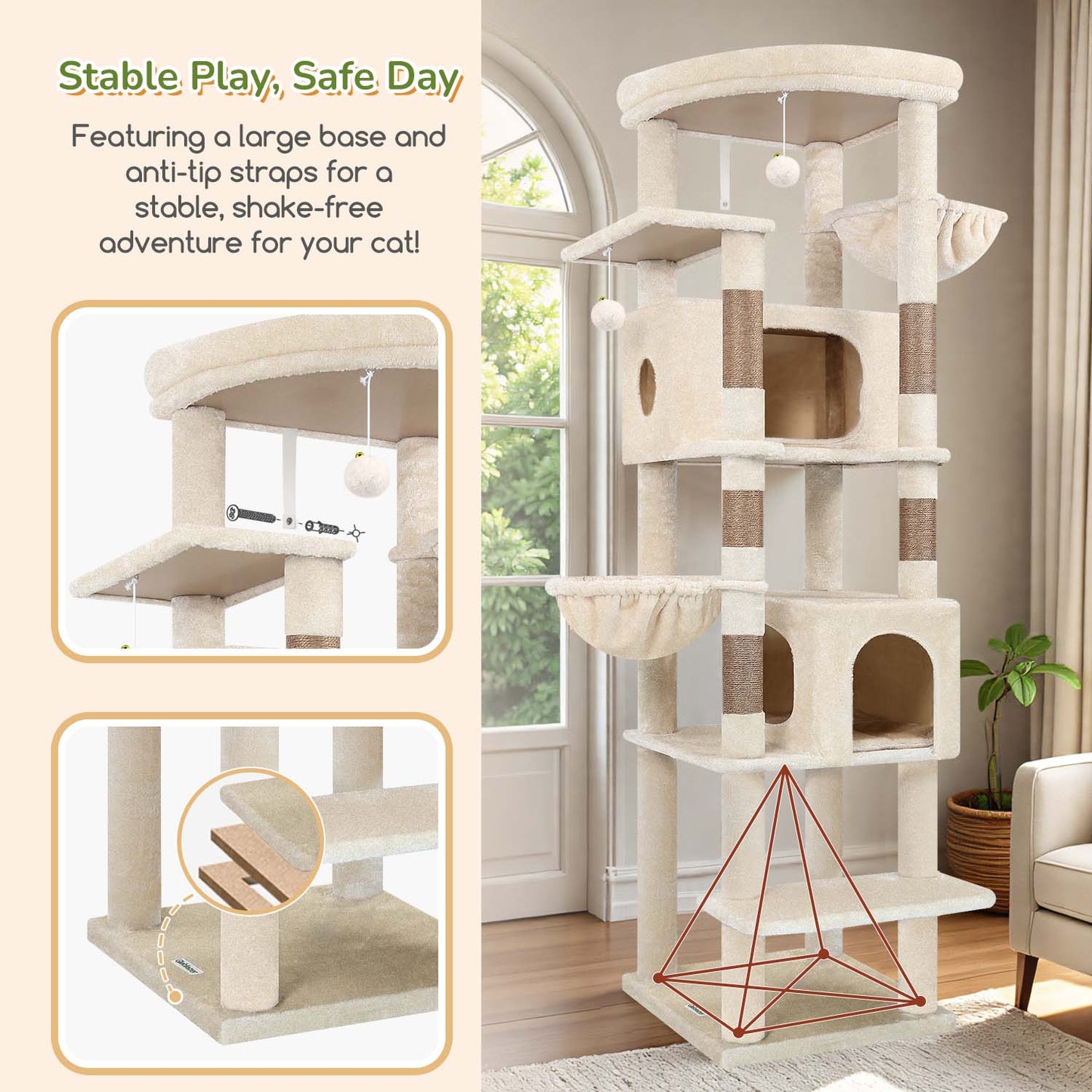 Globlazer Extra Large Cat Tree Tower for Indoor Cats, 74inch Tall Cat Tree Tower for Large Cats Adult with 5 Scratching Posts, 2 Spacious Condos, 2 Big Hanging Baskets, Enlarged Perch, S74, Beige