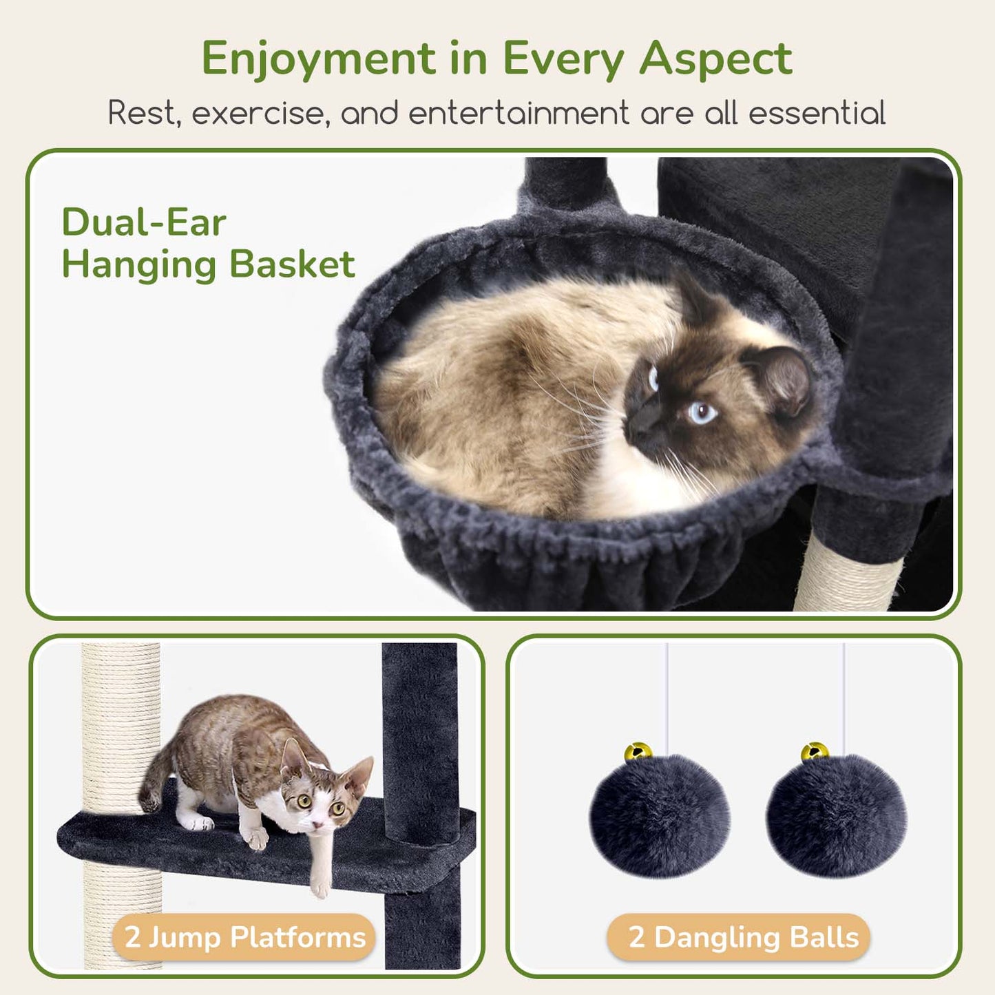 Globlazer Large Cat Tree Tower for Indoor Cats, Sturdy Heavy Duty Cat Condo with 3 Spacious Cat Houses, Oversized Top Perch and 6 Full Sisal Posts, Modern Cat Furniture for Large Cats, S80, Dark Grey