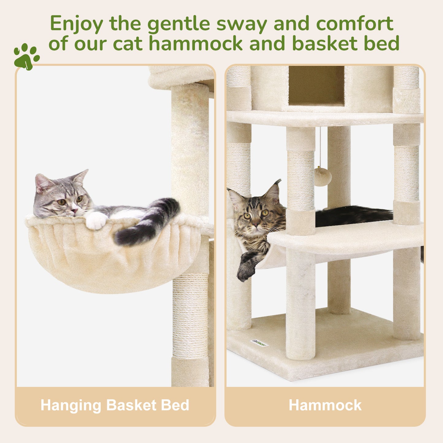Globlazer Corner Cat Tree Tower with Scratching Post for Indoor Cats, 51in Plush Multi-Level Cat Tower with Large Hammock, Fan-Shaped Padded Perch, Spacious Cat Condo, Hanging Basket, C51, Light Beige