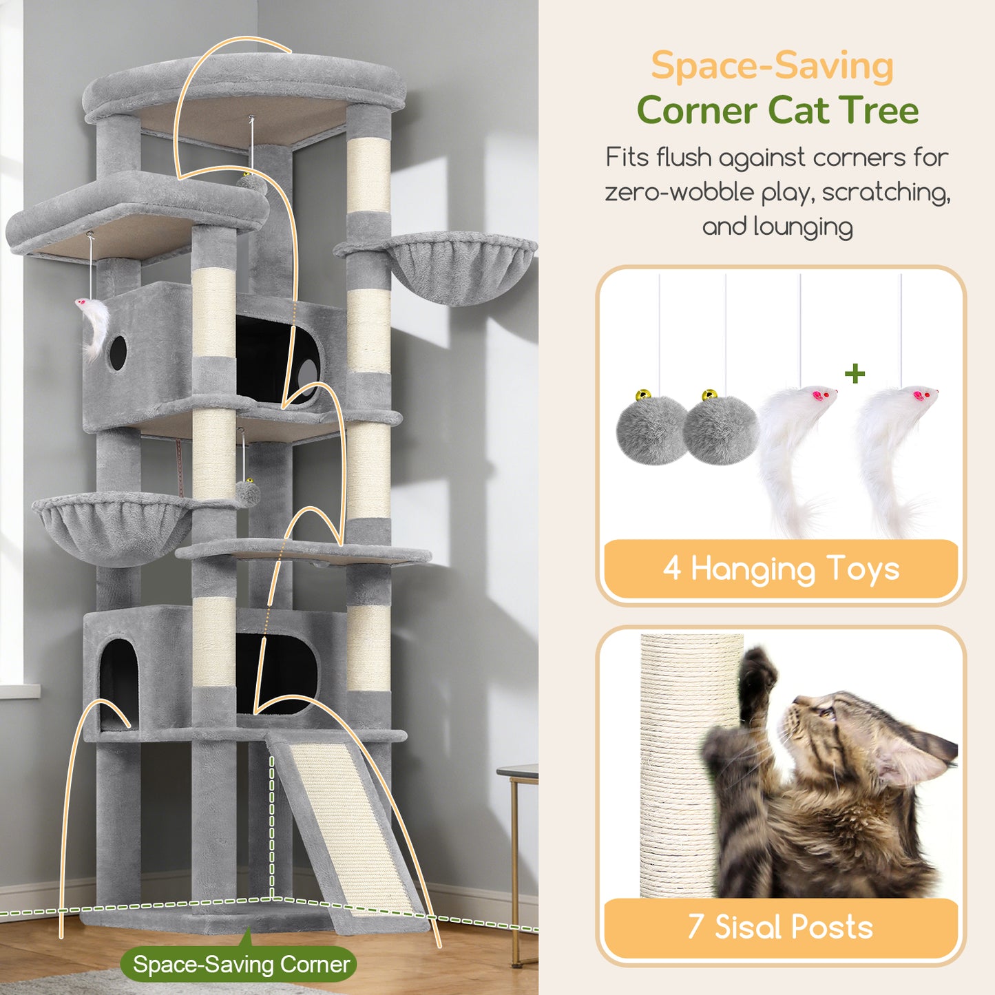 Globlazer Extra Large Heavy Duty Cat Tree, 80in Tall Sturdy Cat Tree Tower for Multiple Indoor Cats Large Adult with Scratching Posts, 2 Spacious Condos with Padding, 2 Soft Perches, S80C, Light Grey