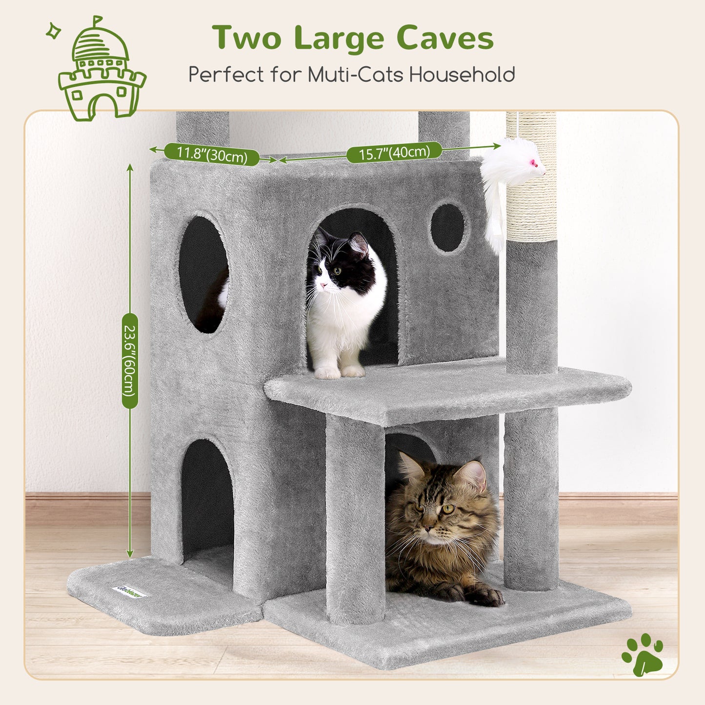 Globlazer Cat Tree Tower for Indoor Cats, 50-inch Adult Cat Tree House for Large Adult Cats with Step, 2 Scratching Posts, 2 Cat Caves, Dangling Toys, FC50, Light Grey