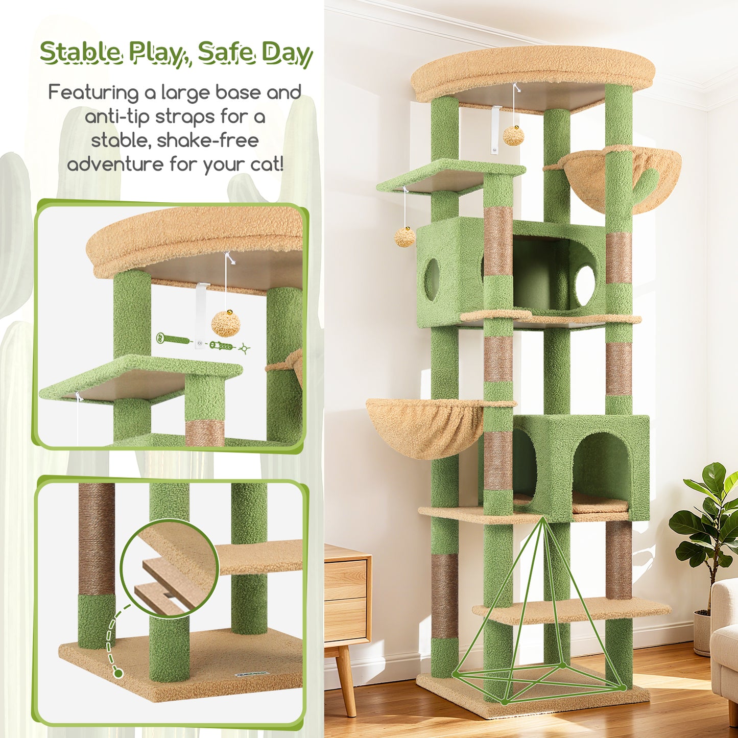 Globlazer Large Cactus Cat Tree Tower for Indoor Cats, 74in Tall Cat Tree for Large Cats Adult with 5 Scratching Posts, 2 Spacious Condo Houses, 2 Big Hanging Baskets, Enlarged Perch, S74, Dark Grey