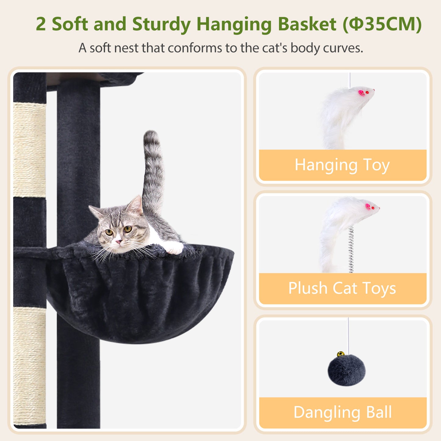 Globlazer 72" Heavy Duty Cat Tree for Large Adult Cats, Multi-Level Cat Tower with 2 Cat Condo, 2 Perchs, 6 Sisal Scratching Posts, Sisal Scratching Board, Multiple Cats, Resting Play, S72E, Dark Grey
