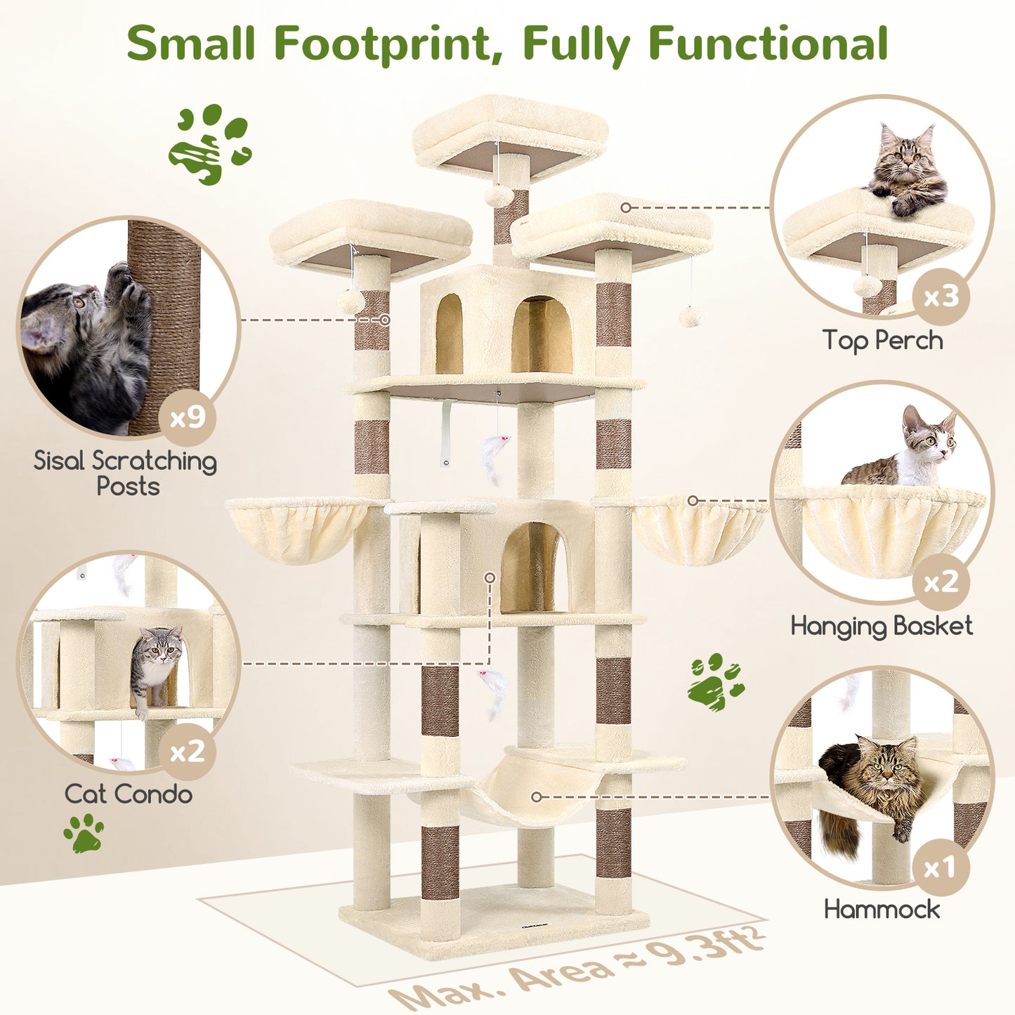 Globlazer Big Cat Tower for Indoor Cats, 80inch Cat Tower for Multiple Adult Cats XXL Cat Tree with 9 Scratching Posts, Hammock, 3 Perches, 2 Condos, 2 Hanging Basket, F80, Beige