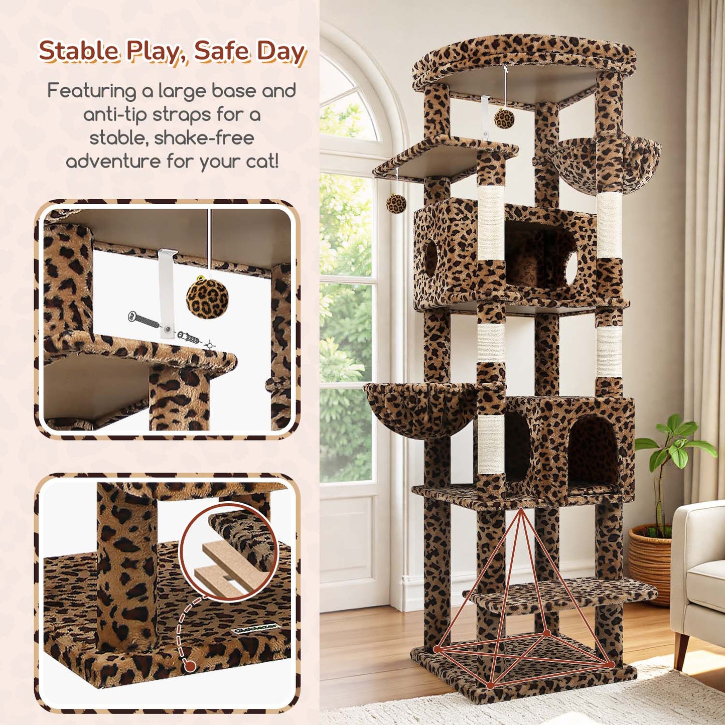 Globlazer S74 Heavy Duty Cat Tree, 74inch Sturdy Cat Tower for Large Cats Adult, Big Cat Tree with 5 Sisal Scratching Posts, 2 Padded Cat Condos, 2 Hanging Baskets, Enlarged Top Perch, Leopard Print