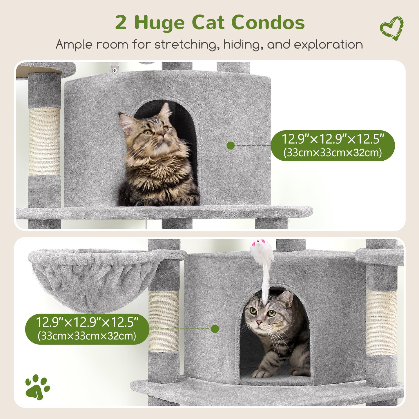 Globlazer Corner Cat Tree for Large Cats, 66inch Tall Curved Series Large Cat Tower for Multiple Indoor Cats with 6 Scratching Posts, 2 Spacious Cat Condos, Hammock, Hanging Basket, C66, Light Grey