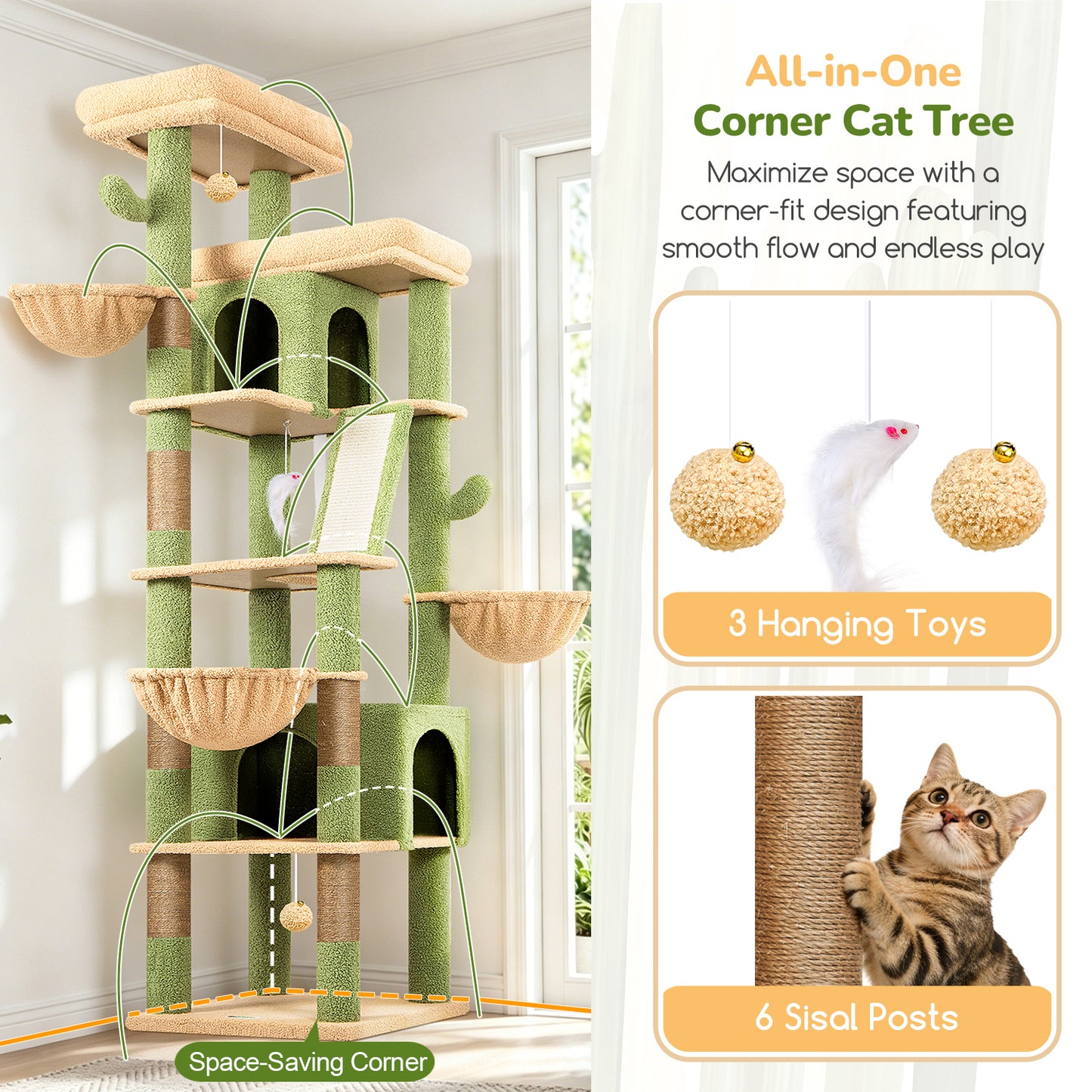 Globlazer Large Cactus Cat Tree Tower, 80in XXL Tall Cat Tree for Multiple Indoor Cats Large Adult Kittens with Scratching Posts and Board, 3 Soft Baskets, 2 Plush Perches, 2 Cozy Condos, S80G, Green