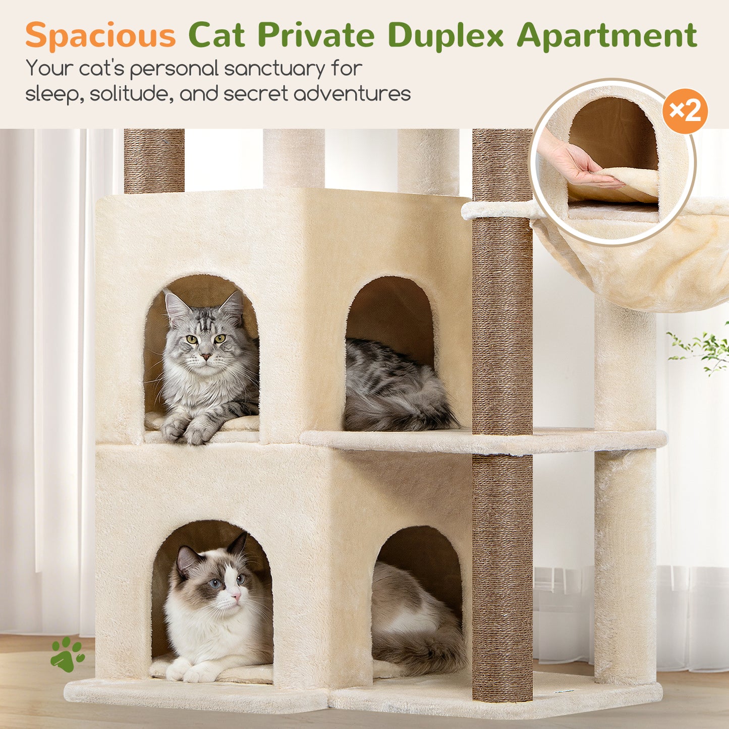 Globlazer Cat Tree Tower for Indoor Cats, 63 inch Sturdy Adult Cat Tree House for Large Adult Cats with 2 Platform, 6 Cat Scratching Post, 2 Cat Caves, Dangling Toys, S63, Beige