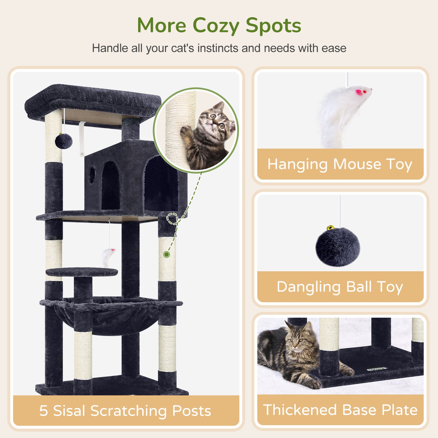 Globlazer Cat Tree Tower with 5 Scratching Posts for Indoor Cats, 53inch Tall Plush Multi-Level Cat Climbing Tower Condo House with Large Hammock, Spacious Cat Cave, Padded Top Perch, F53, Dark Gray