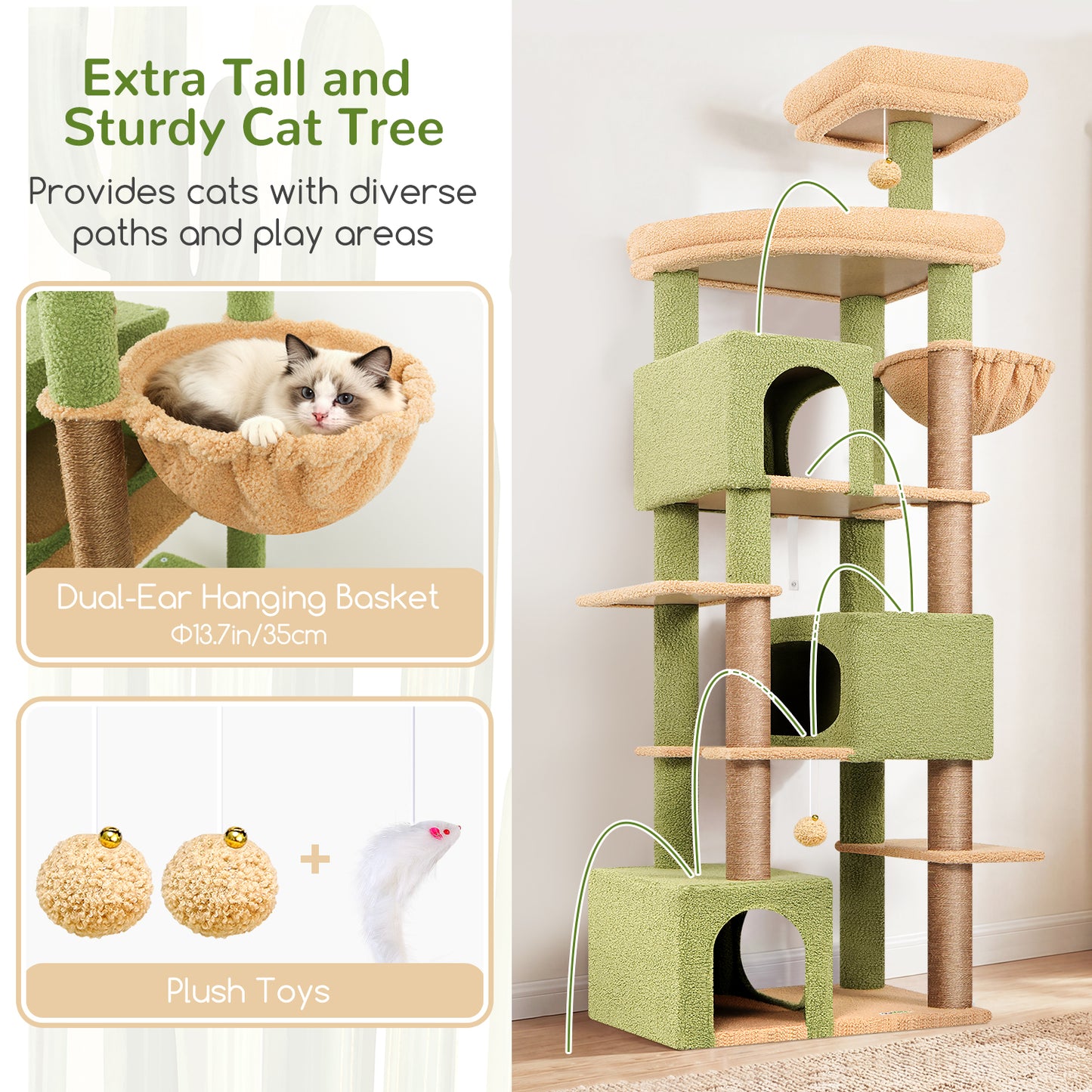 Globlazer Extra Large Catus Cat Tree Tower for Indoor Cats Large Adult, 80in Tall Heavy Duty Cat Tree with 3 Spacious Cat Condos, Oversized Fan-Shaped Perch, 6 Sisal Scratching Posts, S80, Green
