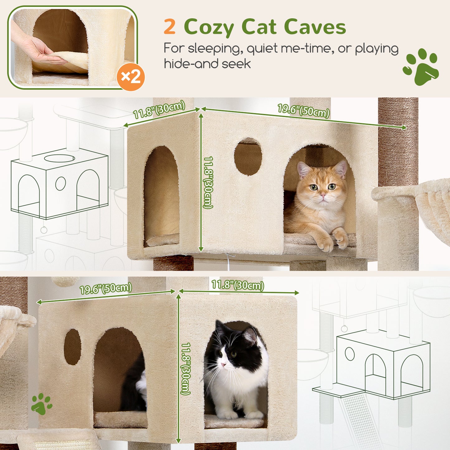 Globlazer Large Cat Tree, 72 inch Tall Cat Climbing Tower for Indoor Large Adult Cats Multi-Level Furniture Tree House with 2 Cozy Perches, 2 Padded Condos, 5 Sisal Scratching Posts, F72G, Beige