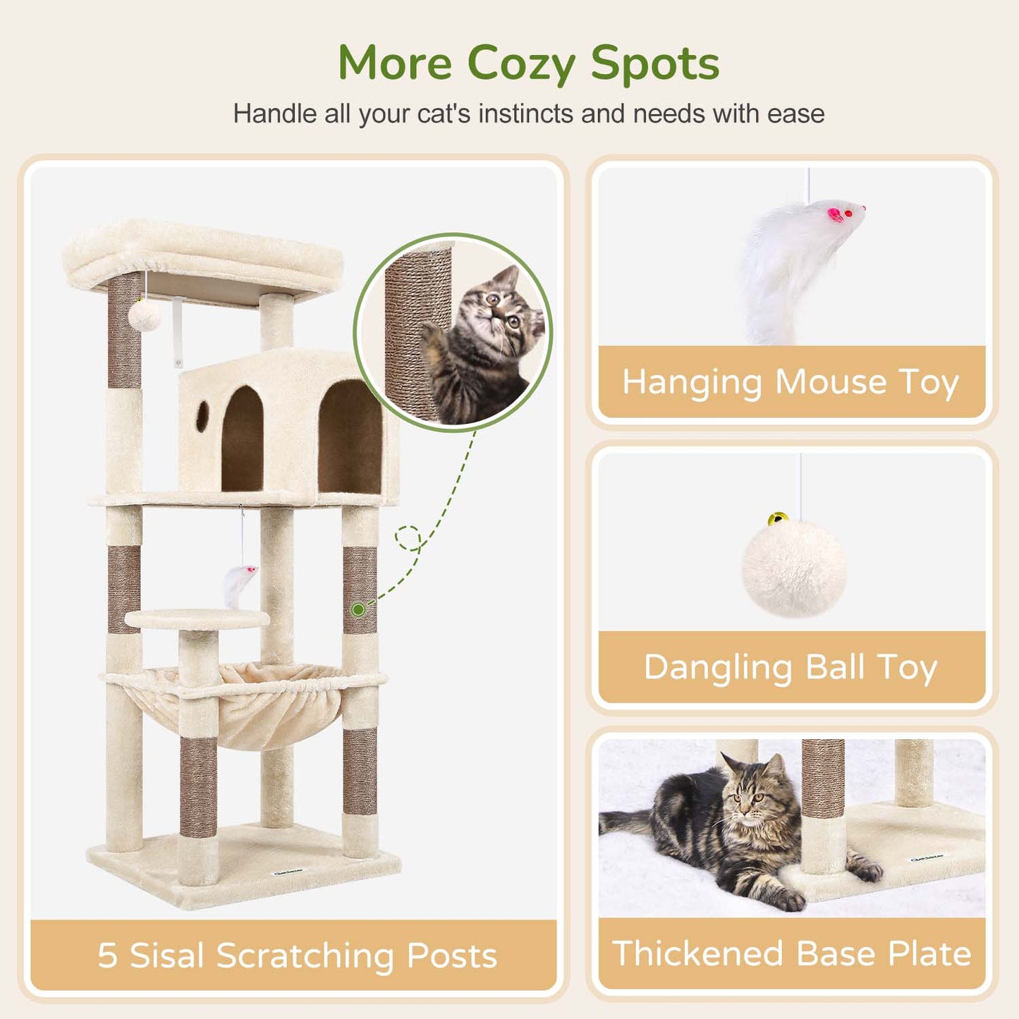 Globlazer Cat Tree Tower with 5 Scratching Posts for Indoor Cats, 53inch Tall Plush Multi-Level Cat Climbing Tower Condo House with Large Hammock, Spacious Cat Cave, Padded Top Perch, F53, Beige