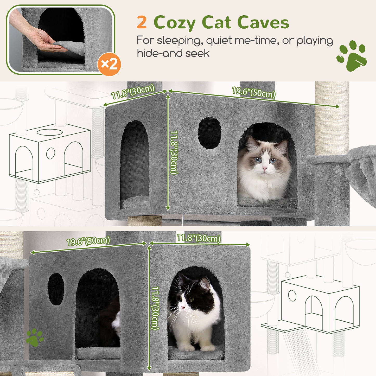 Globlazer Large Cat Tree, 72 inch Tall Cat Climbing Tower for Indoor Large Adult Cats Multi-Level Furniture Tree House with 2 Cozy Perches, 2 Padded Condos, 5 Sisal Scratching Posts, F72G, Light Grey