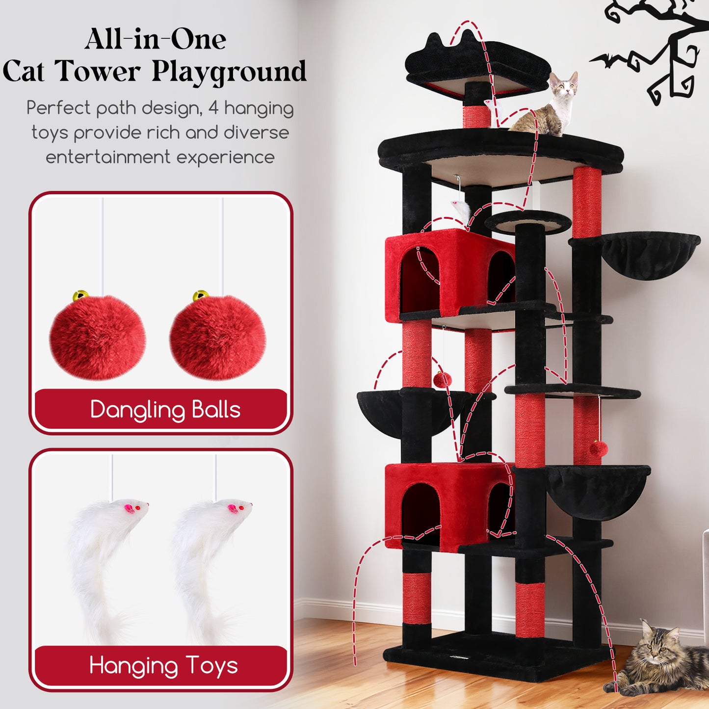 Globlazer Extra Large Gothic Cat Tree Tower, 82in Tall Goth Heavy Duty Cat Tree for Indoor Cats Large Adult Big Cat Tower with 8 Scratching Posts, 2 Condos, 2 Perches, 3 Basket Beds, S82, Red Black