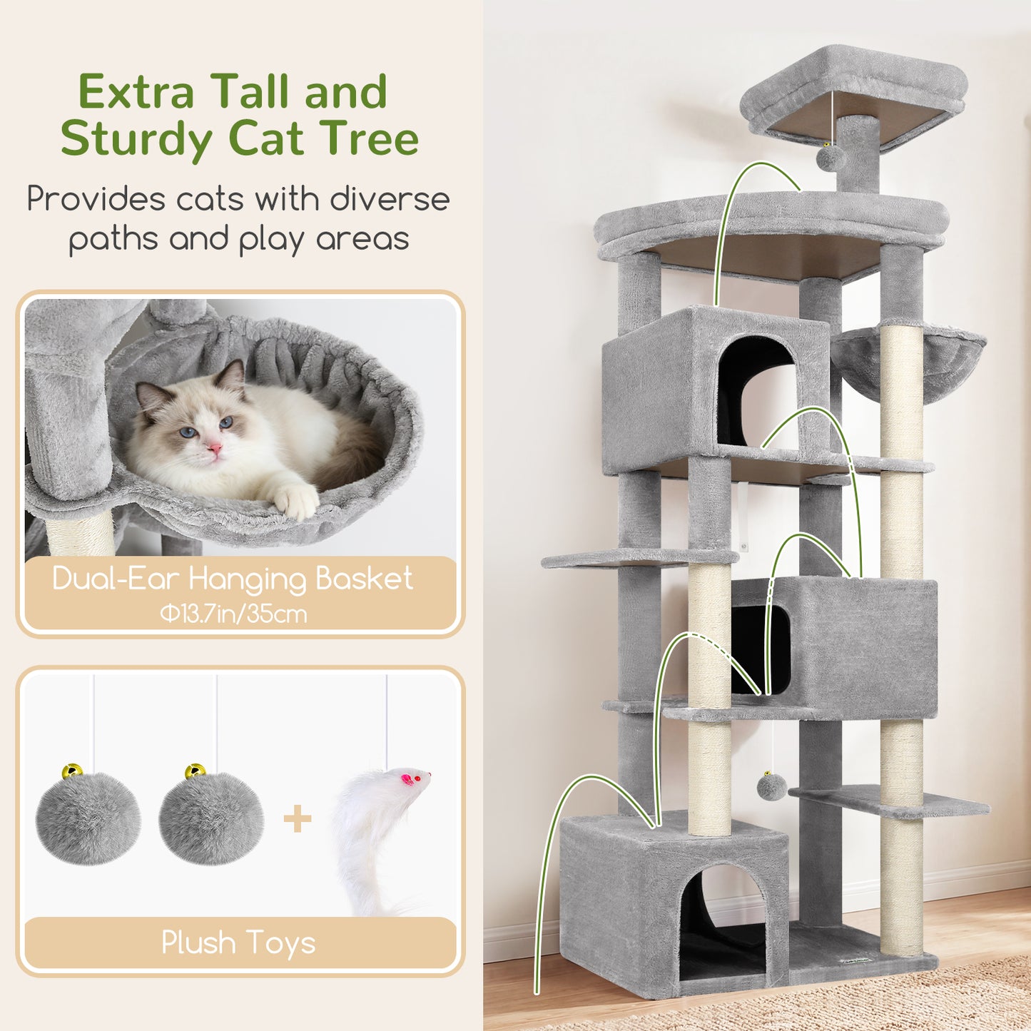 Globlazer Extra Large Cat Tree Tower for Indoor Cats Large Adult, 80in Tall Heavy Duty Cat Tree with 3 Spacious Cat Condos, Oversized Fan-Shaped Perch, 6 Full Sisal Scratching Posts, S80, Light Grey