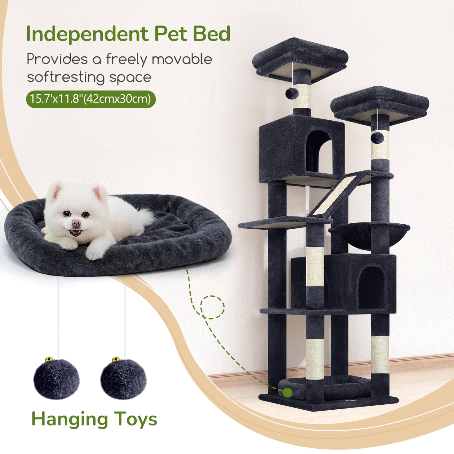 Globlazer 74in Heavy Duty Cat Tree for Large Indoor Cats, Multi-Level Cat Tower with 5 Sisal Scratching Posts, 2 Cozy Condos, Hammock, Top Perches, Climbing Ramp and Pet Bed, F74D, Dark Grey