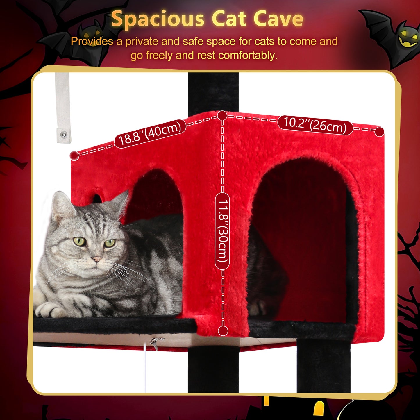 Globlazer Gothic Cat Tree Tower with 5 Scratching Post for Indoor Cats, 53in Plush Multi-Level Cat Climbing Tower Condo House with Large Hammock, Spacious Cat Cave, Padded Top Perch, F53, Black Red