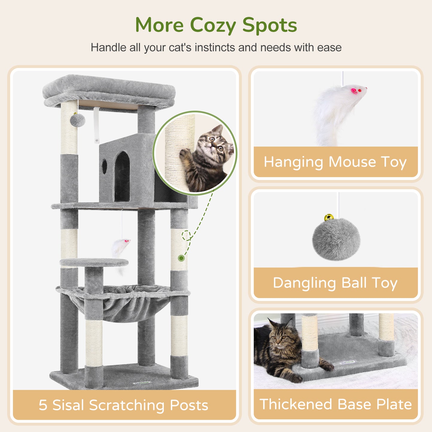 Globlazer Cat Tree Tower with 5 Scratching Post for Indoor Cats, 53inch Tall Plush Multi-Level Cat Climbing Tower Condo House with Large Hammock, Spacious Cat Cave, Padded Top Perch, F53, Light Gray
