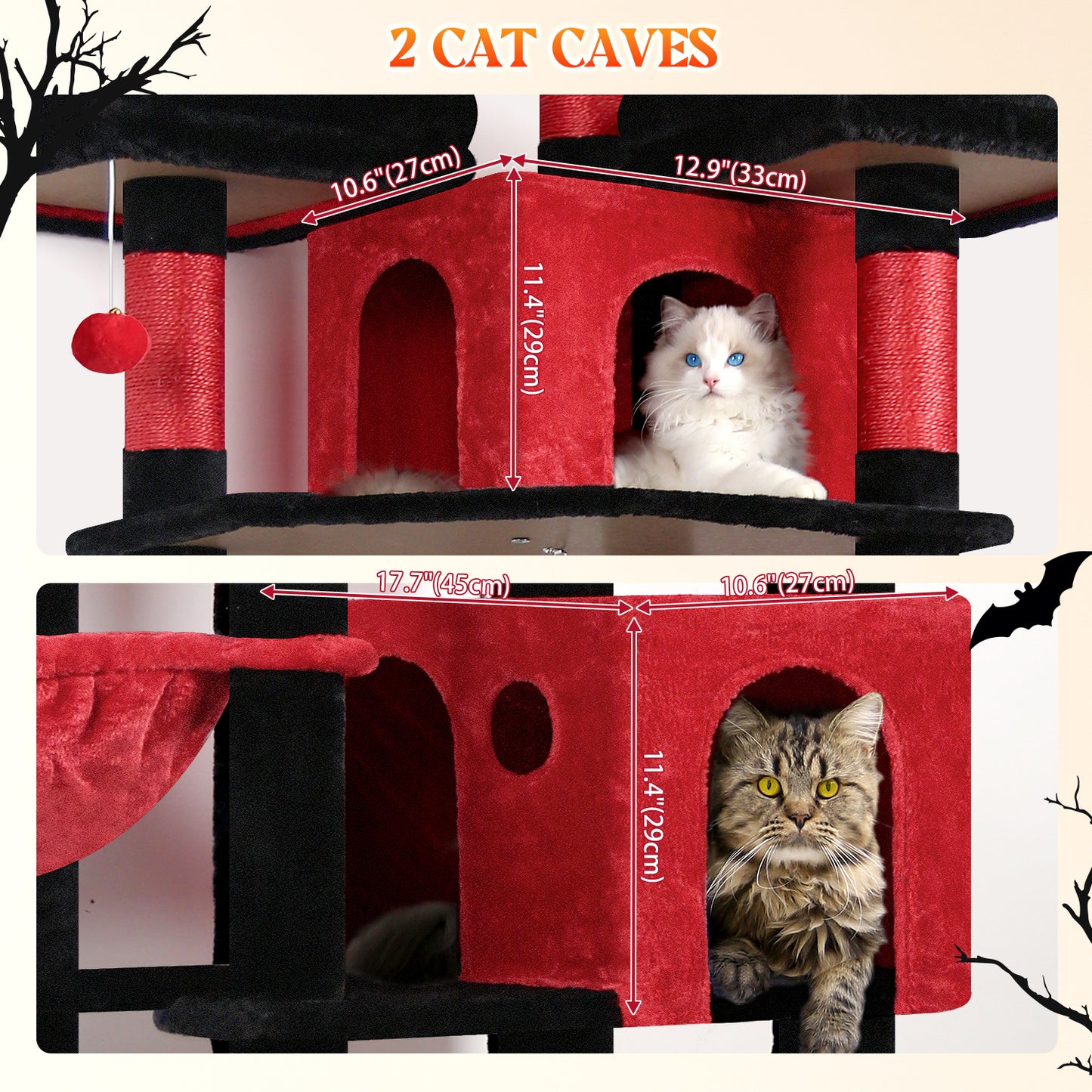 Globlazer Gothic Cat Trees and Towers for Multiple Adult Cats, 82-inch XXL Tall Goth Cat Tree Tower for Indoor Cats with Scratching Post, 3 Perches, 2 Condos, 2 Hanging Baskets, F82, Black Red