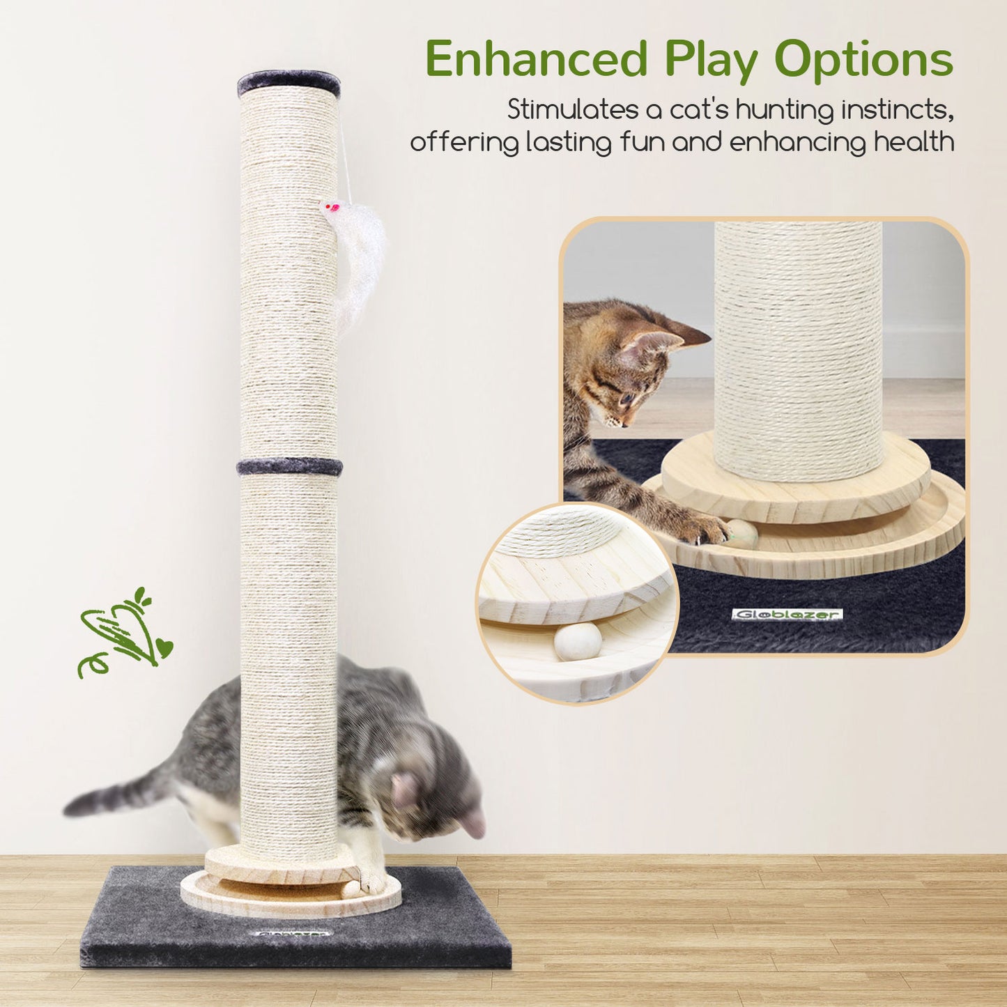 Globlazer Extra Thick Large Scratching Post for Indoor Cats Adults and Kittens, 35in Tall Natural Sisal Rope Scratcher Post, Large Cat Scratcher with Ball Interactive Toy, SC35, Dark Grey