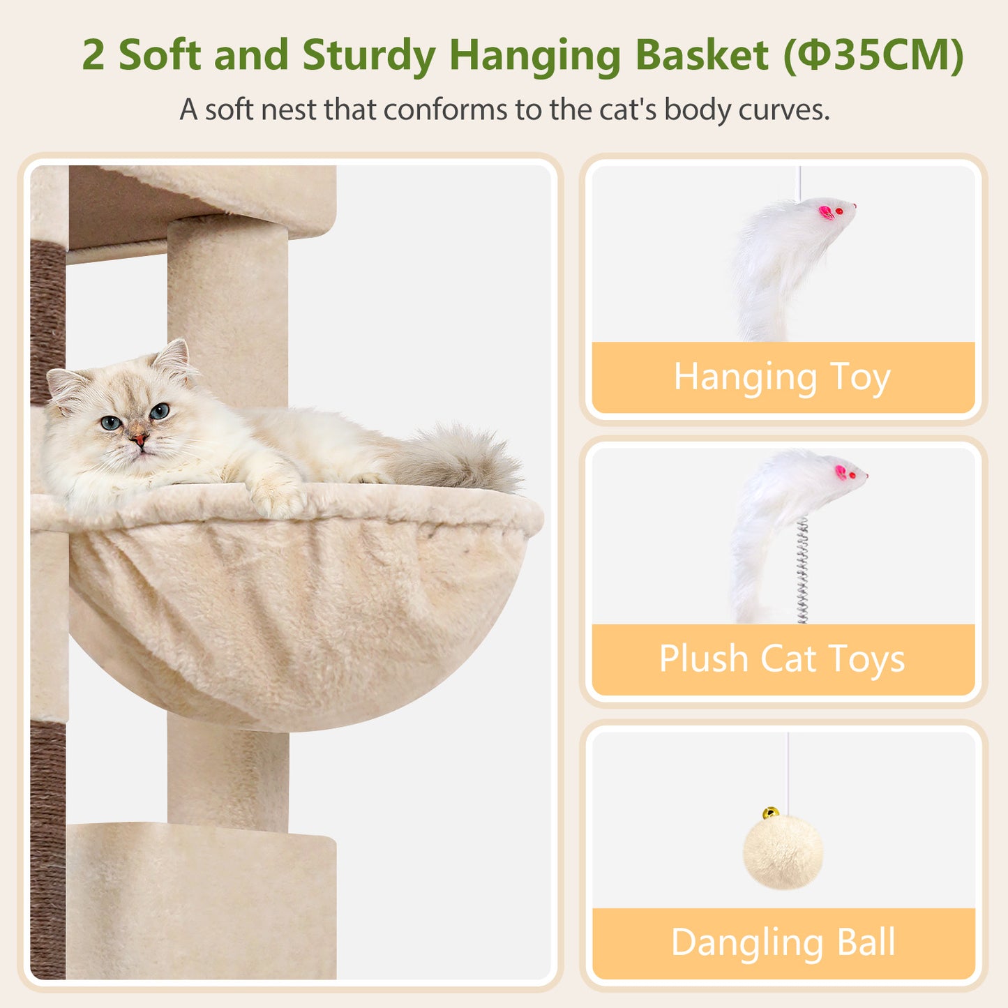 Globlazer 72" Heavy Duty Cat Tree for Large Adult Cats, Multi-Level Cat Tower with 2 Cat Condo, 2 Perchs, 6 Sisal Scratching Posts, Sisal Scratching Board, Multiple Cats, Resting Play, S72E, Beige