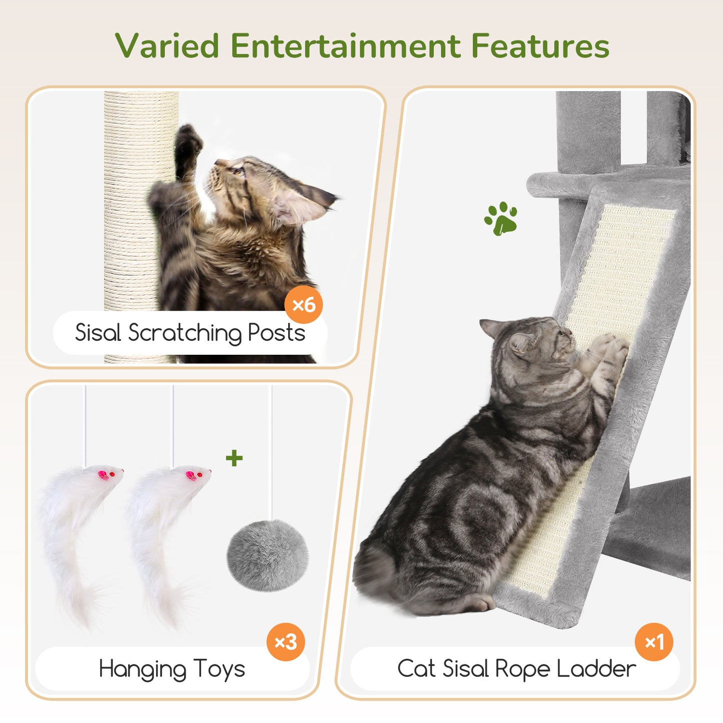 Globlazer Extra Large Cat Tree, 78 inch Sturdy Tall Cat Tree Tower for Indoor Multiple Large Adult Cats Kittens with 6 Scratching Posts, Enlarged Top Perch, 2 Padded Condos, S78G, Light Grey