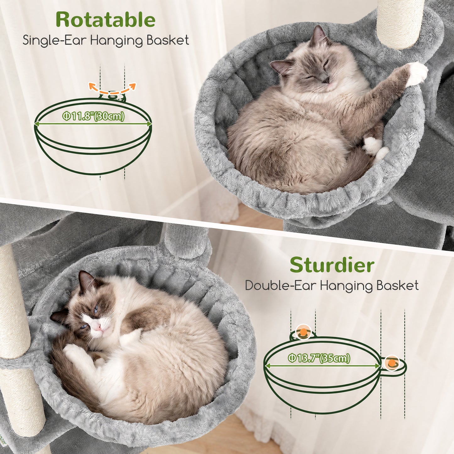 Globlazer 74in Tall Cat Tree for Indoor Cats Large Adult, Sturdy Heavy Duty Cat Tree Tower with 7 Scratching Posts for Multiple Cats, 2 Spacious Condos, 2 Hanging Baskets, S74G, Light Grey
