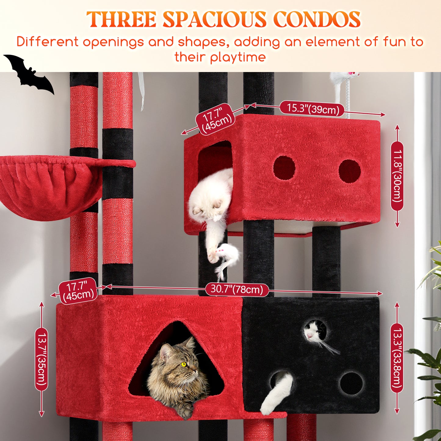 Globlazer Extra Large Gothic Cat Tower, 81-inch Tall Goth Cat Tree for Big Cats 20 lbs, XXL Heavy Duty Cat Scratching Tower for Indoor Adult Cats with 3 Cat Condos, 8 Scratching Posts, F81, Black Red
