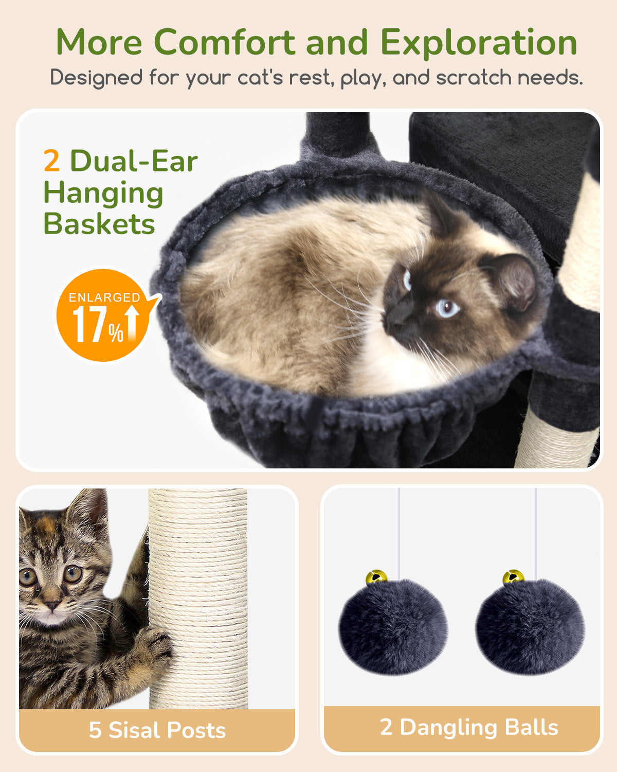Globlazer Extra Large Cat Tree Tower for Indoor Cats, 74inch Tall Cat Tree Tower for Large Cats Adult with 5 Scratching Posts, 2 Spacious Condos, 2 Big Hanging Baskets, Enlarged Perch, S74, Dark Grey