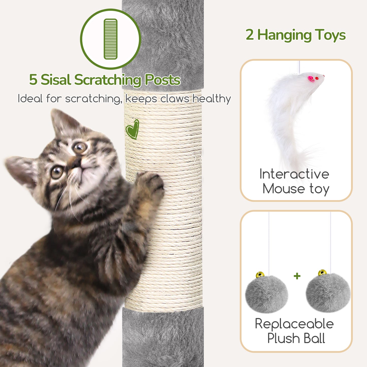 Globlazer Cat Tower for Indoor Cats, 52in Multi-Level Cat Tower with 5 Sisal Scratching Posts, Cat Tree House with 2 Padded Perches, 2 Cozy Condos, Big Hanging Basket, Hanging Toys, S52, Light Gray