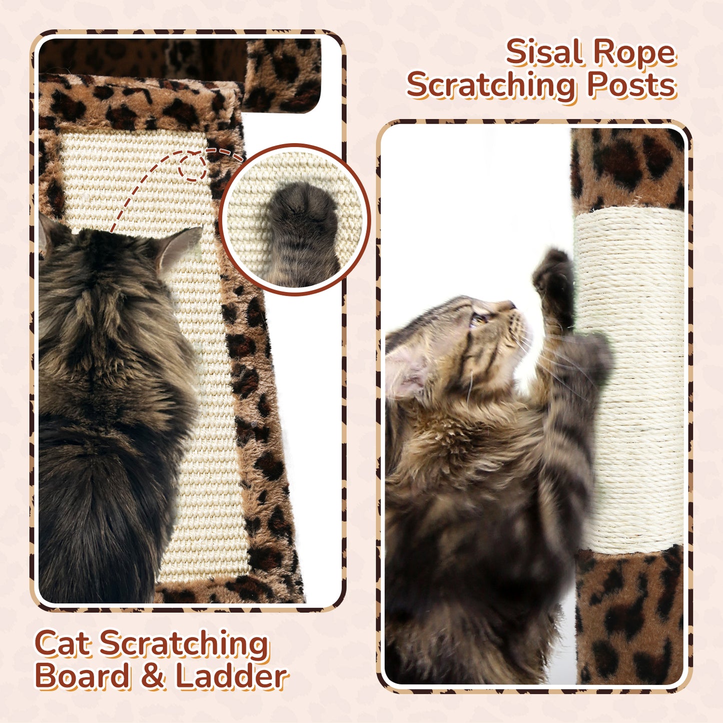 Globlazer Heavy Duty Cat Tree Tower, 70inch Sturdy Cat Tree for Indoor Cats Sturdy Large Cat Tower with Scratching Post and Board, Hammock, 2 Cat Condo for Adult Cats Kittens, F70 Pro, Leopard Print