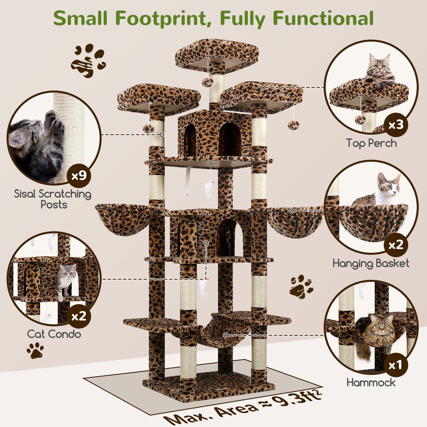 Globlazer Big Cat Tower for Indoor Cats, 80inch Cat Tower for Multiple Adult Cats XXL Cat Tree with 9 Scratching Posts, Hammock, 3 Perches, 2 Condos, 2 Hanging Basket, F80, Leopard Print