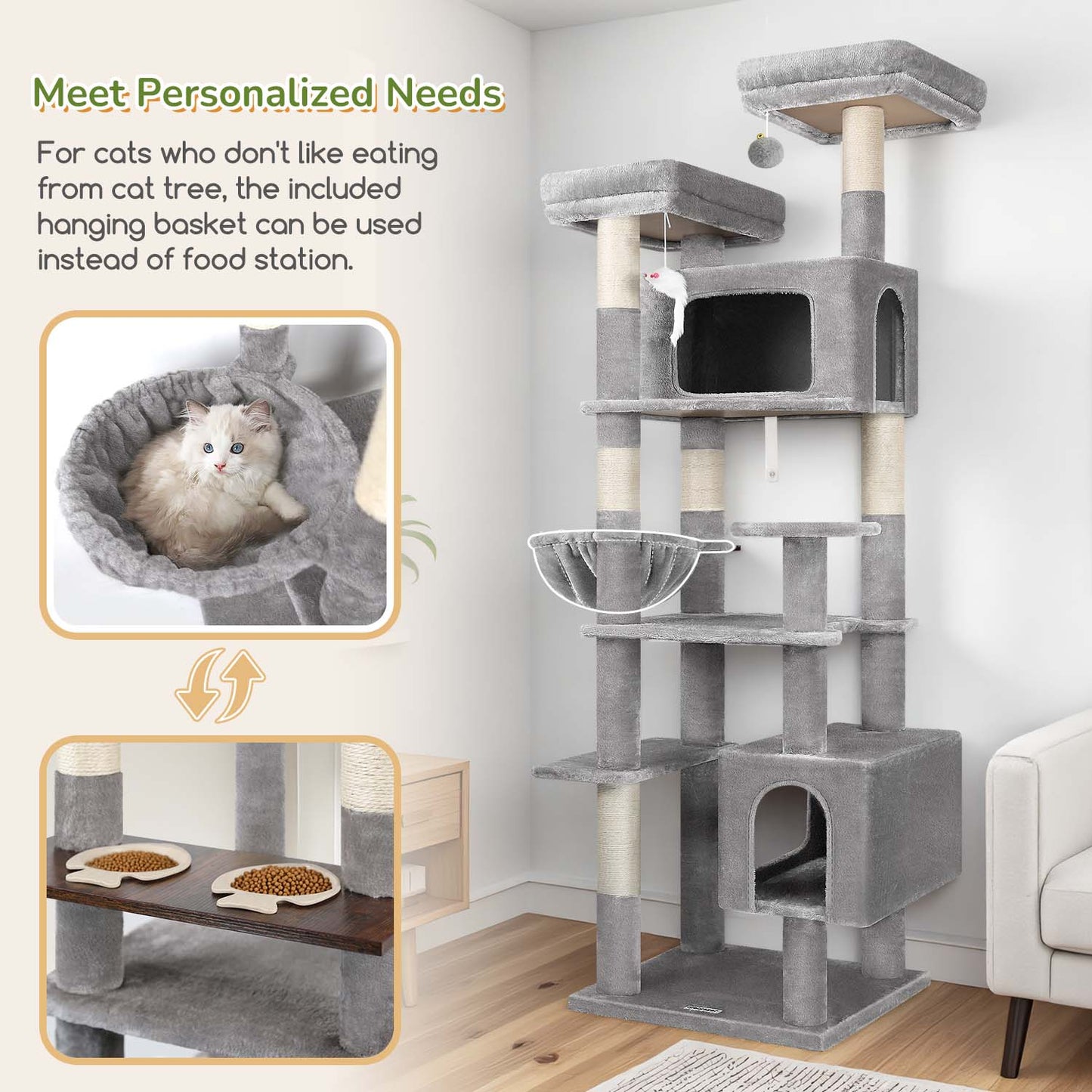 Globlazer Large Cat Tree Tower for Multiple Indoor Cats with Food Station, 77in Extra Tall Sturdy Cat Tree Tower for Large Cat with 6 Scratching Posts, 2 Cozy Condos, 2 Plush Perches, F77B, Light Grey