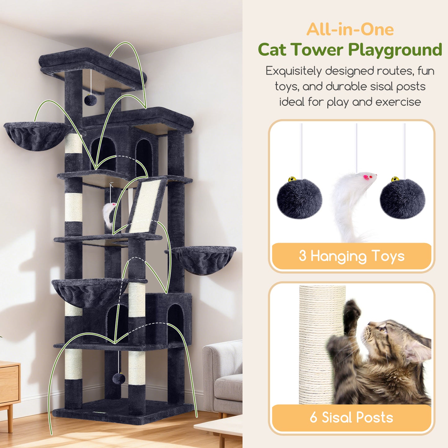 Globlazer Large Cat Tree Tower, 80inch XXL Tall Cat Tree for Multiple Indoor Cats Large Adult Kittens with Scratching Posts and Board, 3 Soft Baskets, 2 Plush Perches, 2 Cozy Condos, S80G, Dark Grey