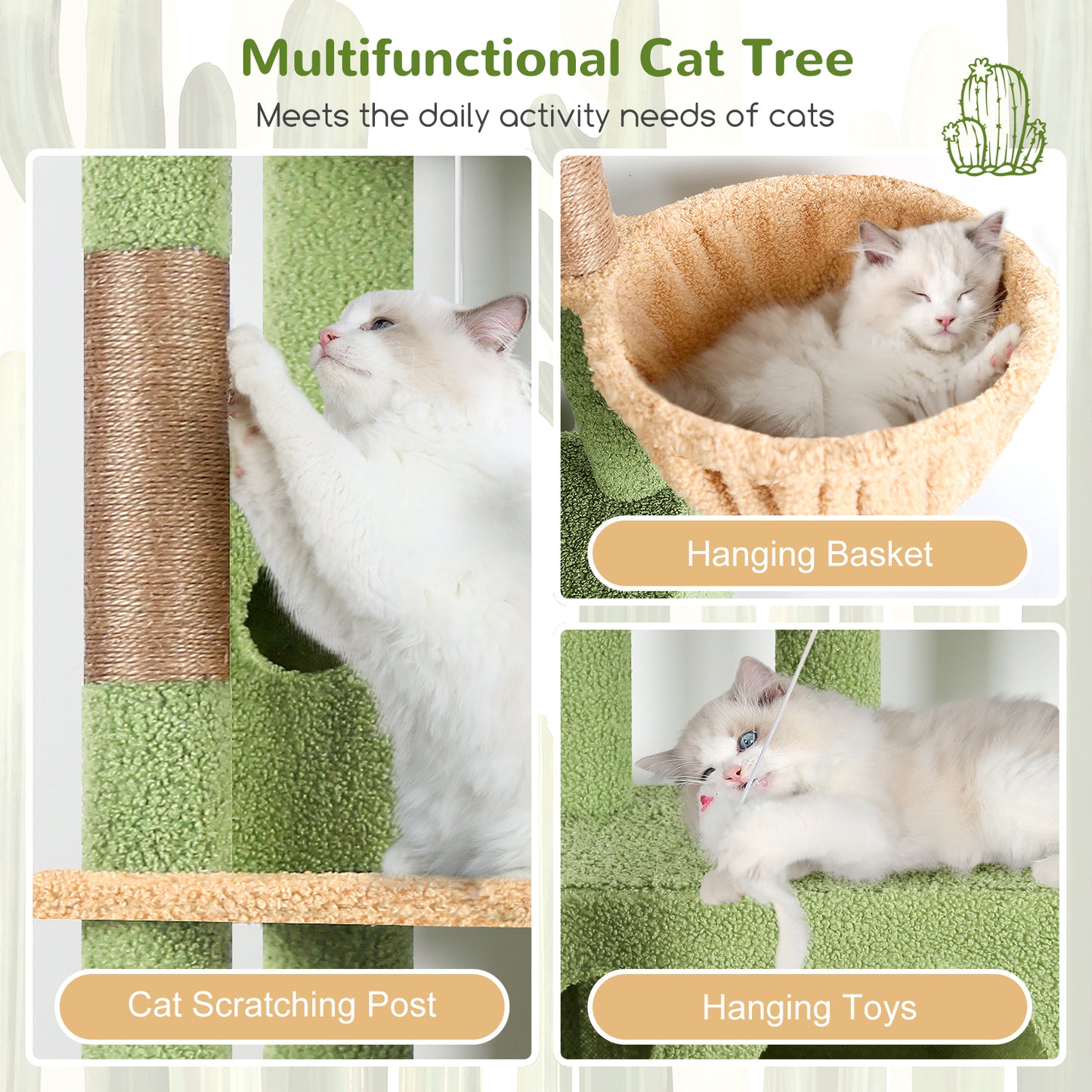 Globlazer Corner Cactus Cat Tree 66 inch Multi-Level Cactus Climbing Tower Kitty Condos Cat Scratching Tower for Indoor Multiple Cats with Large Platform, 3 Cat Caves, F66, Green