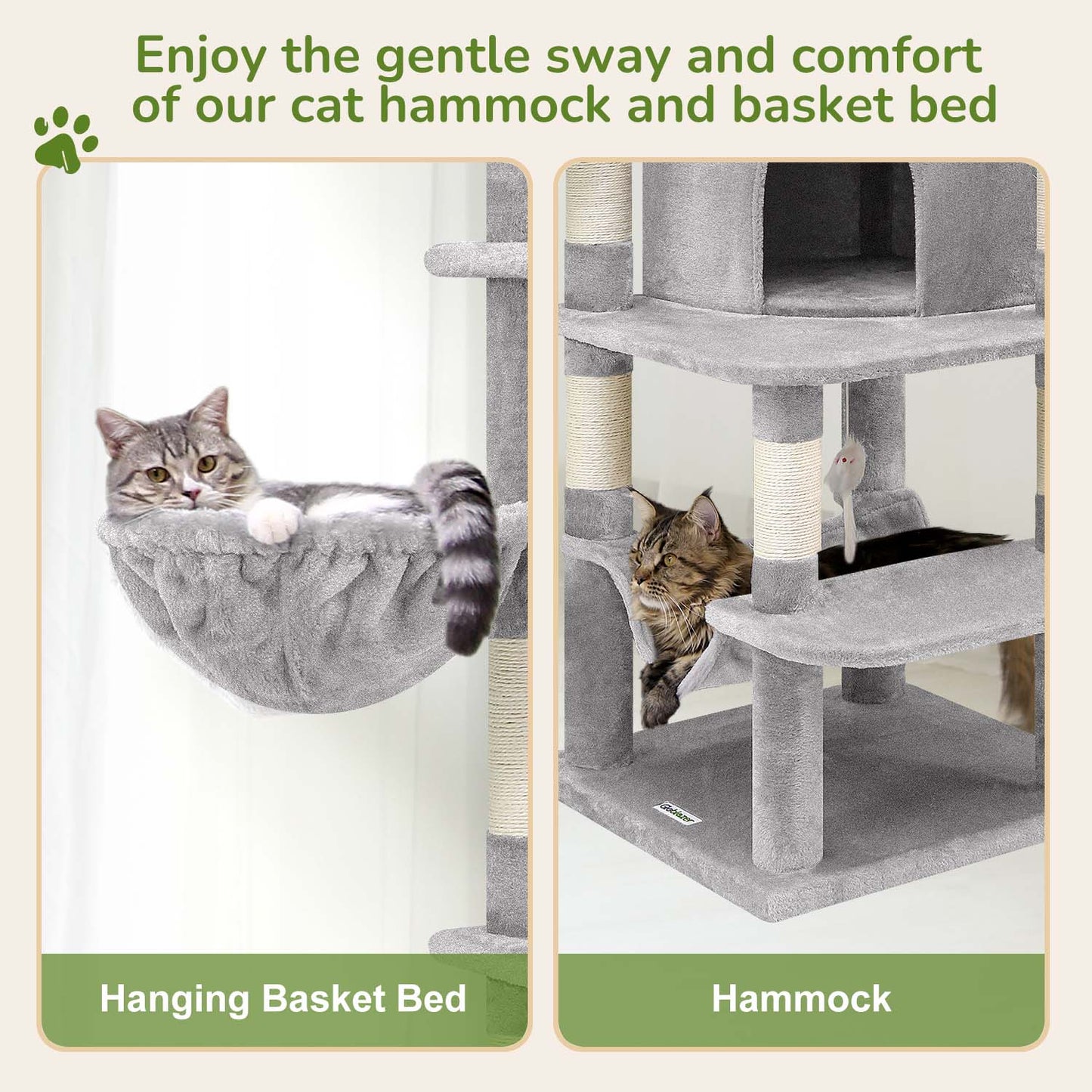 Globlazer Corner Cat Tree Tower for Indoor Cats, 51in Multi-Level Cat Condo Tower with Large Hammock, 7 Sisal Scratching Posts, Oversized Top Perch, Spacious Cat Cave, Hanging Basket, C51, Light Gray