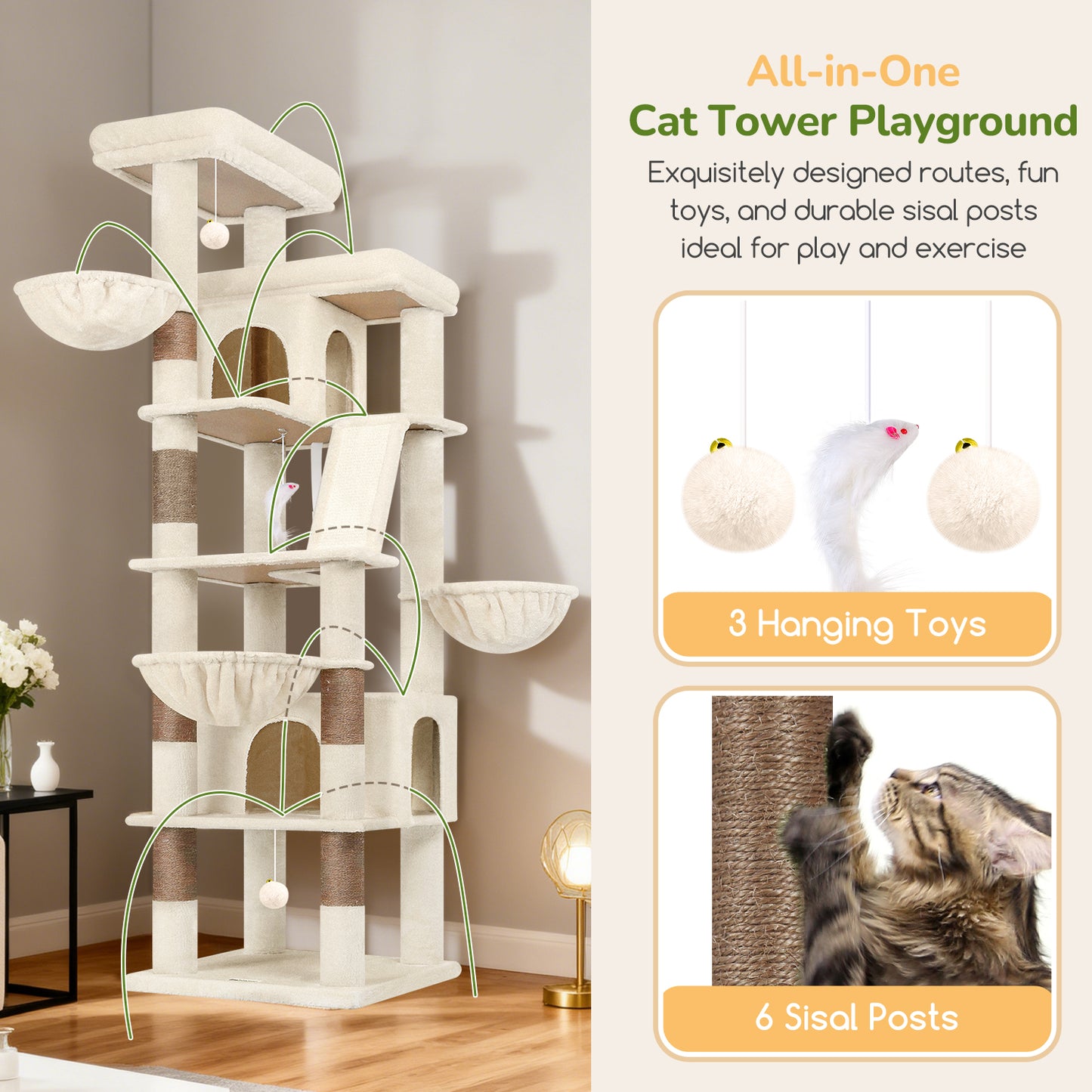 Globlazer Large Cat Tree Tower, 80inch XXL Tall Cat Tree for Multiple Indoor Cats Large Adult Kittens with Scratching Posts and Board, 3 Soft Baskets, 2 Plush Perches, 2 Cozy Condos, S80G, Beige