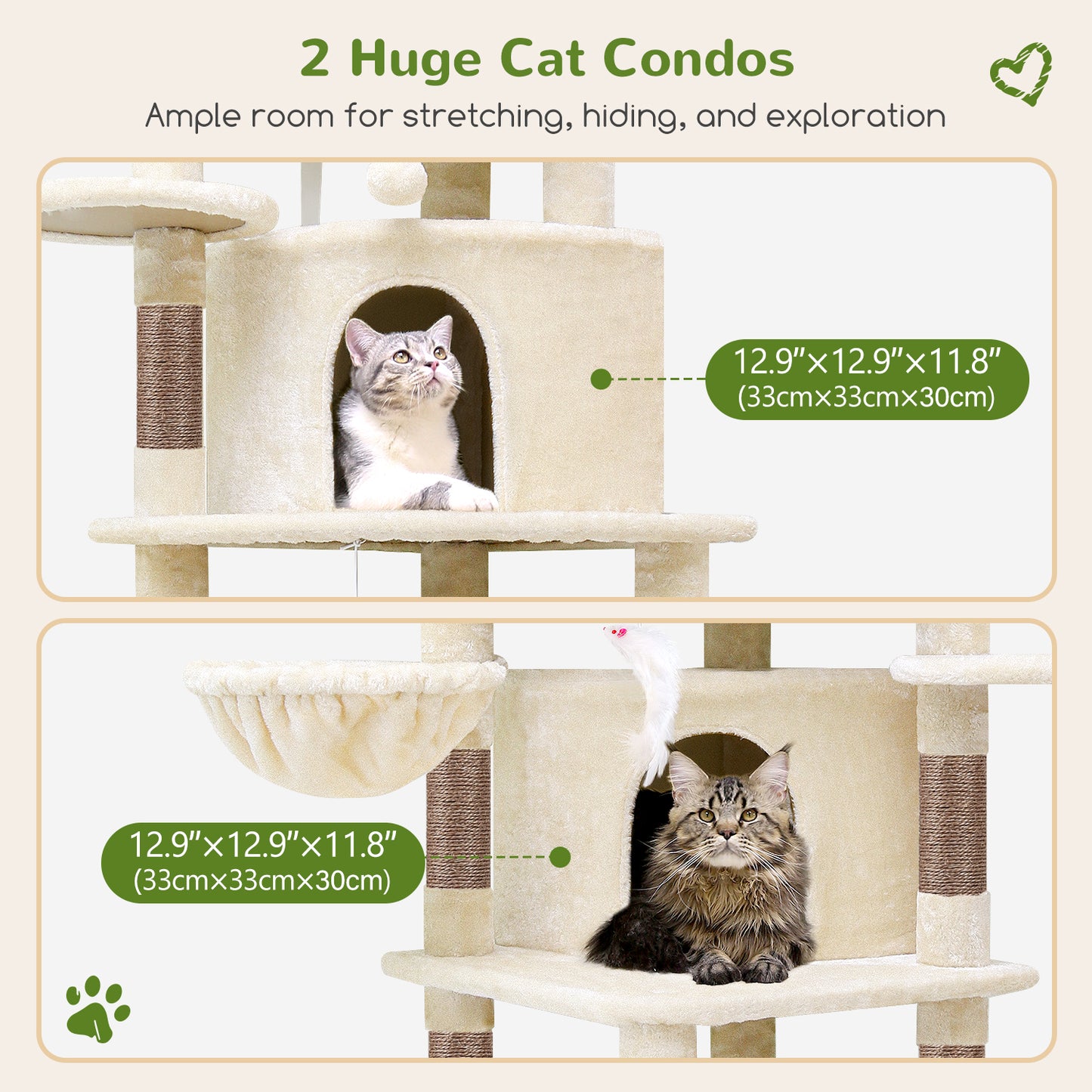 Globlazer Corner Cat Tree for Large Cats, 66inch Tall Curved Series Large Cat Tower for Multiple Indoor Cats with 6 Scratching Posts, 2 Spacious Cat Condos, Hammock, Hanging Basket, C66, Beige