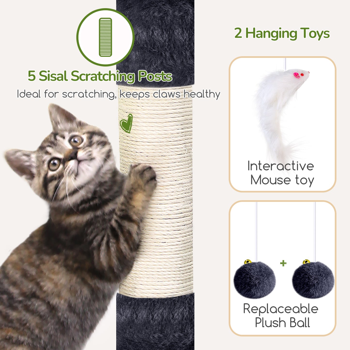 Globlazer Cat Tree Condo Tower for Multiple Indoor Cats, 52in Multi-Level Cat Scratching Tree with 2 Cat Condos, 5 Sisal Scratching Posts, 2 Padded Perches, Big Basket, Widened Base, S52, Dark Grey