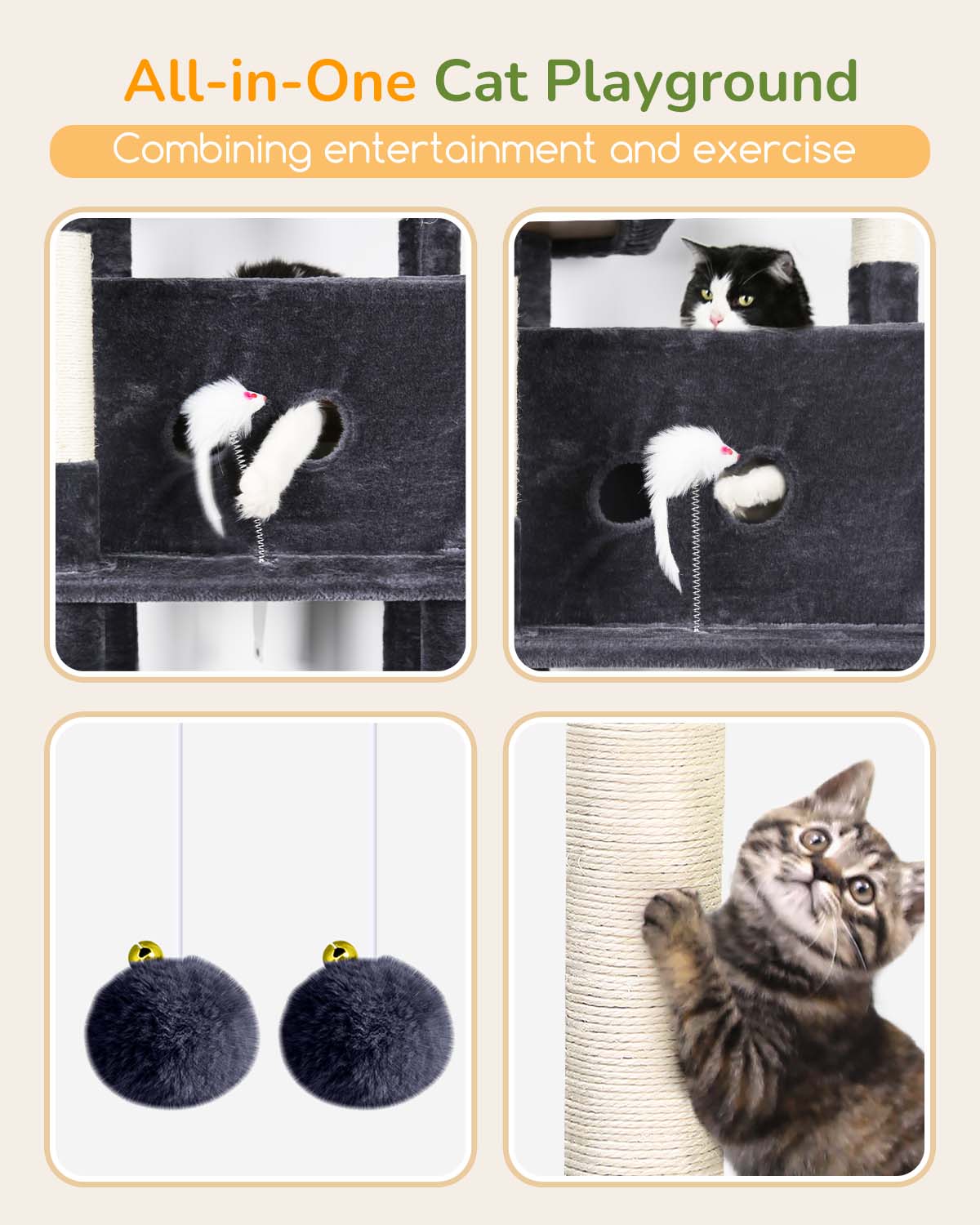 Globlazer Large Cat Tree Tower Condo, 80in Tall Cat Tree for Multiple Indoor Cats Large Adult, XXL Big Cat Climbing Tower with Cat Caves, Sisal Scratching Posts, Top Perches, Hammock, S80B, Dark Gray