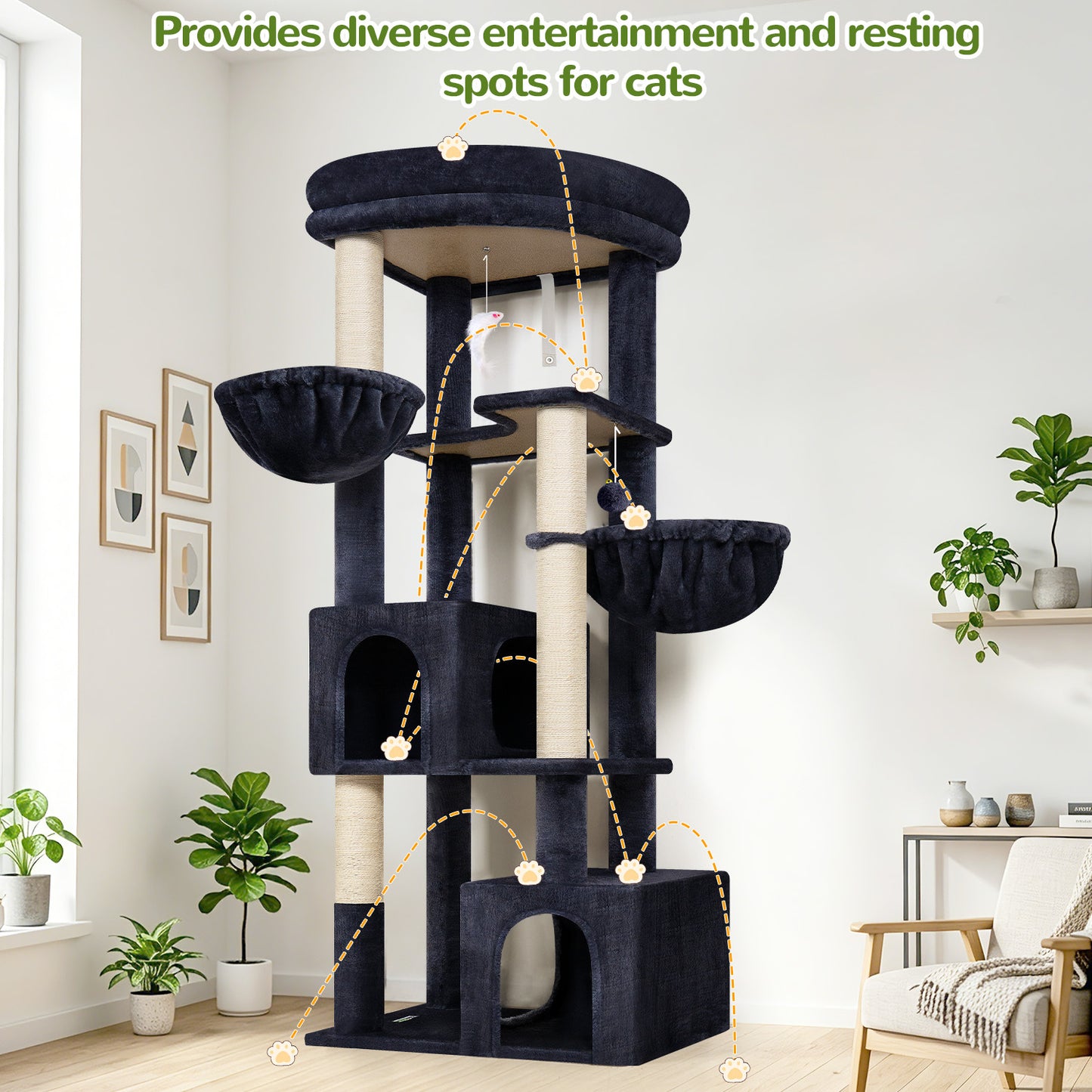 Globlazer Corner Cat Tree for Large Indoor Cats, 64in Space Saving Cat Tower with Enlarged Top Perch, 4 Scratching Posts, Multi-Level Cat Tree Tower with 2 Condos, 2 Hammocks, C64, Dark Grey