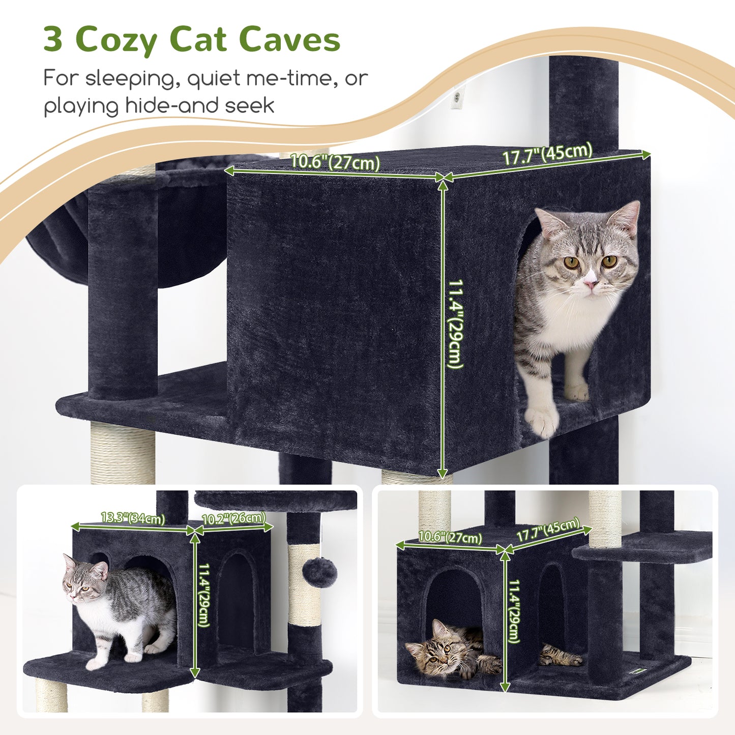 Globlazer Cat Tree Tall, 71 inches Cat Tower for Indoor Adult Cats Multi-Level 3 Condos for Indoor Cats XL Cat Tree Tower with Scratching Posts, Soft Extra Large Hanging Basket, F71, Dark Gray