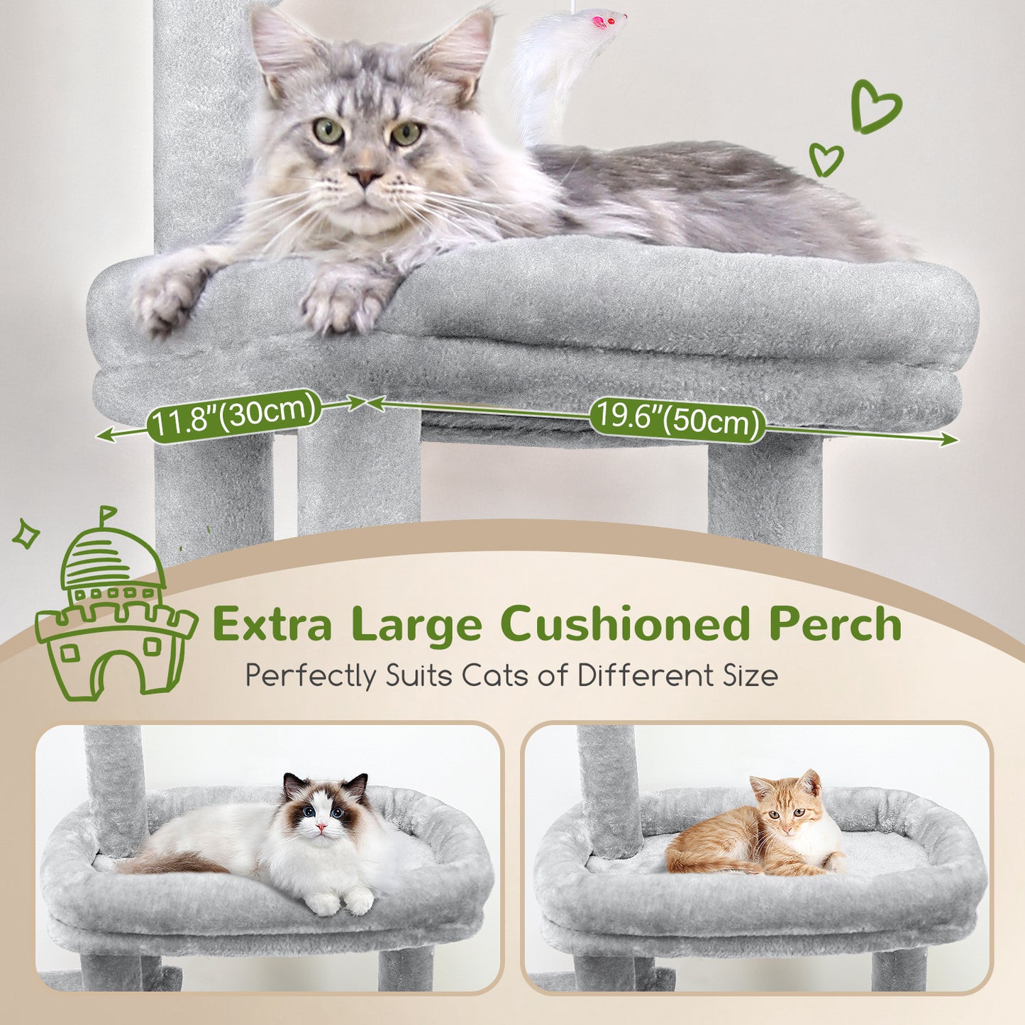 Globlazer F50 Cat Tower for Indoor Cats, 50-inch Heavy Duty Cat Tree for Big Cats, Cat Tree House with Extra-Large Padded Platform, Sisal Scratching Board, 2 Large Condos, Cloud Grey
