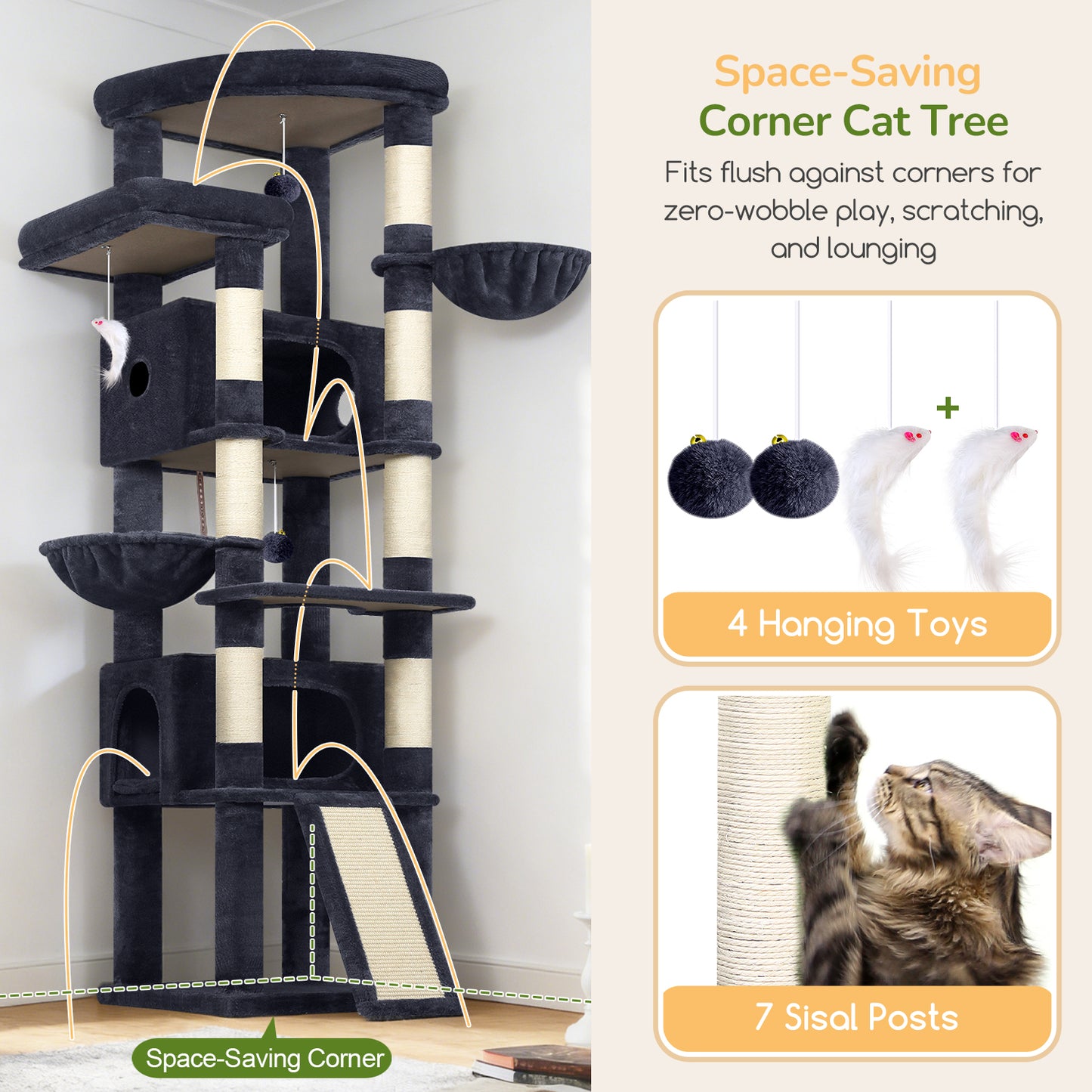 Globlazer Extra Large Heavy Duty Cat Tree, 80in Tall Sturdy Cat Tree Tower for Multiple Indoor Cats Large Adult with Scratching Posts, 2 Spacious Condos with Padding, 2 Soft Perches, S80C, Dark Grey