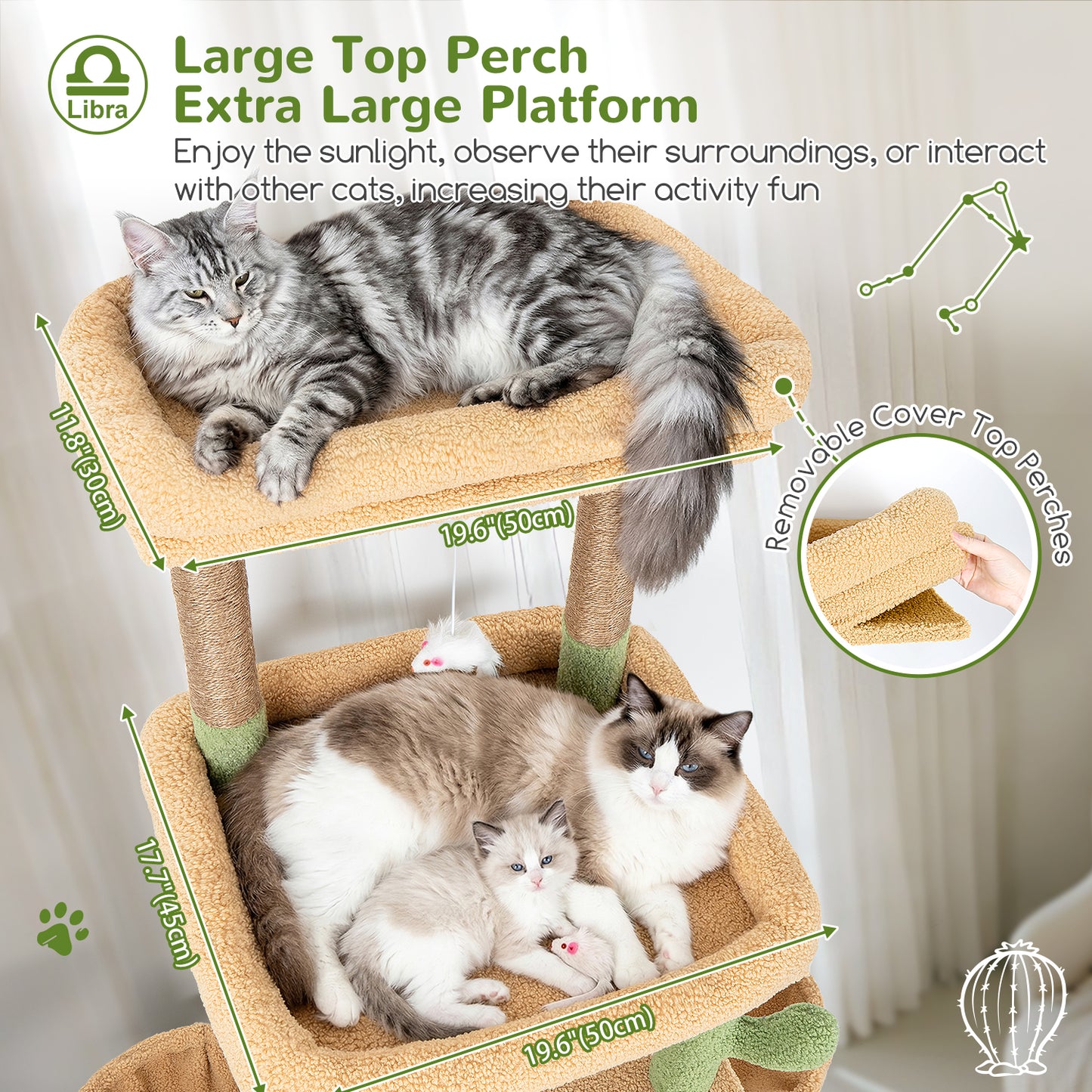 Globlazer Heavy Duty Cat Tree 78 inch Sturdy Cactus Cat Tower for 20lbs Large Adult Cats, Symmetrical Aesthetic Big Cactus Cat Tree with Extra Large Platform, 2 Scratching Boards, Z78, Green